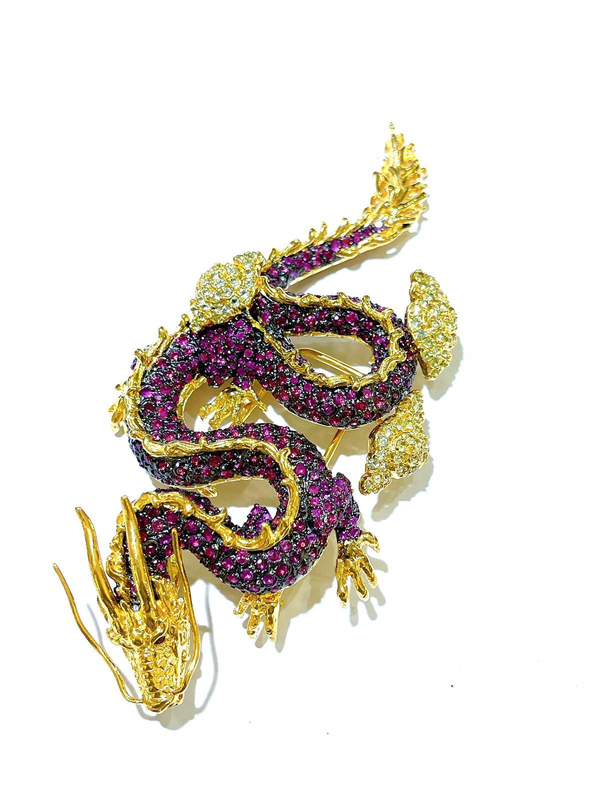 Brilliant Cut Bochic Dragon “Orient” Ruby & White Zircon Brooch In 18K Gold & Silver  For Sale