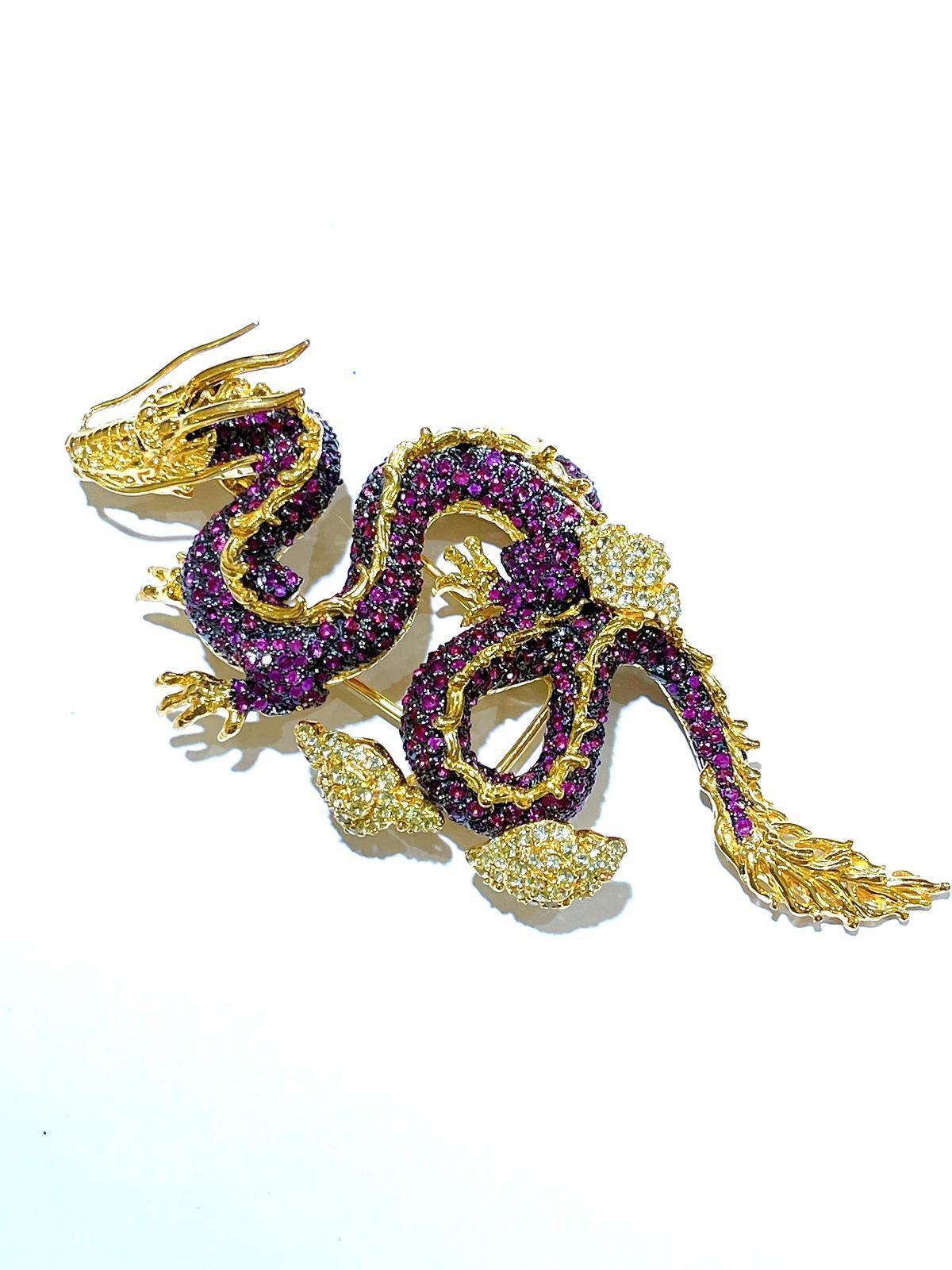 Bochic Dragon “Orient” Ruby & White Zircon Brooch In 18K Gold & Silver  In New Condition For Sale In New York, NY