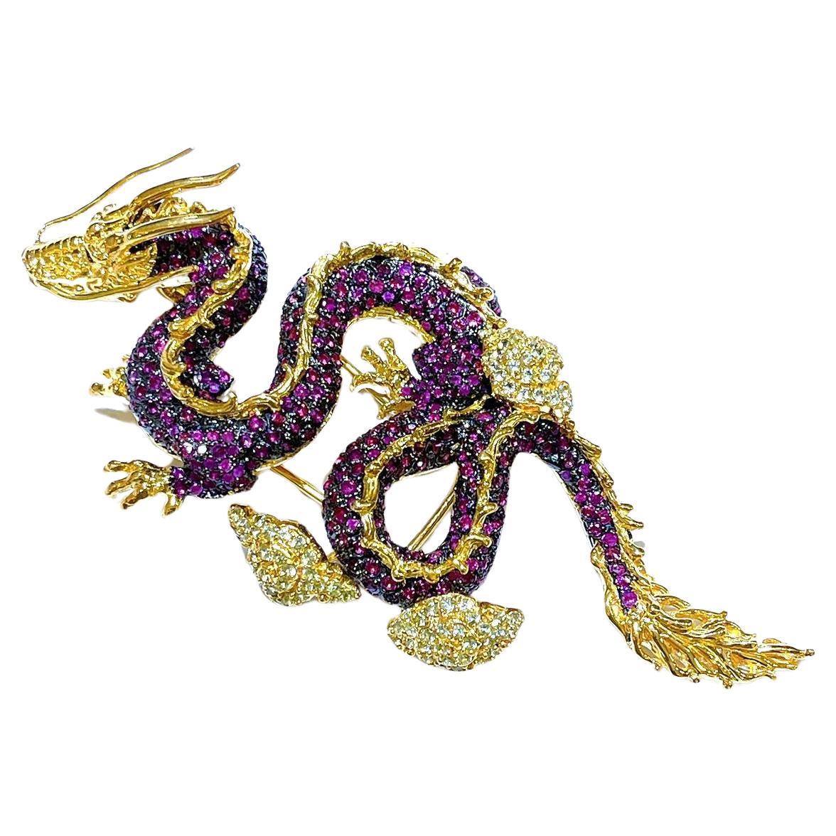 Bochic Dragon “Orient” Ruby & White Zircon Brooch In 18K Gold & Silver  For Sale