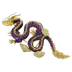 Bochic Dragon "Orient" Broche en or 18K et argent avec rubis et zircon blanc 