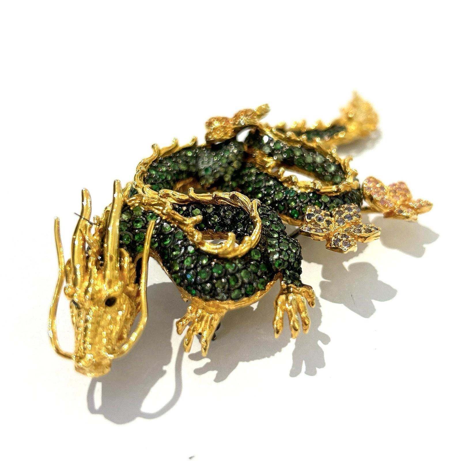 Bochic Dragon“Orient” Sapphires & Tasvorite Brooch Set In 18K Gold & Silver For Sale 4