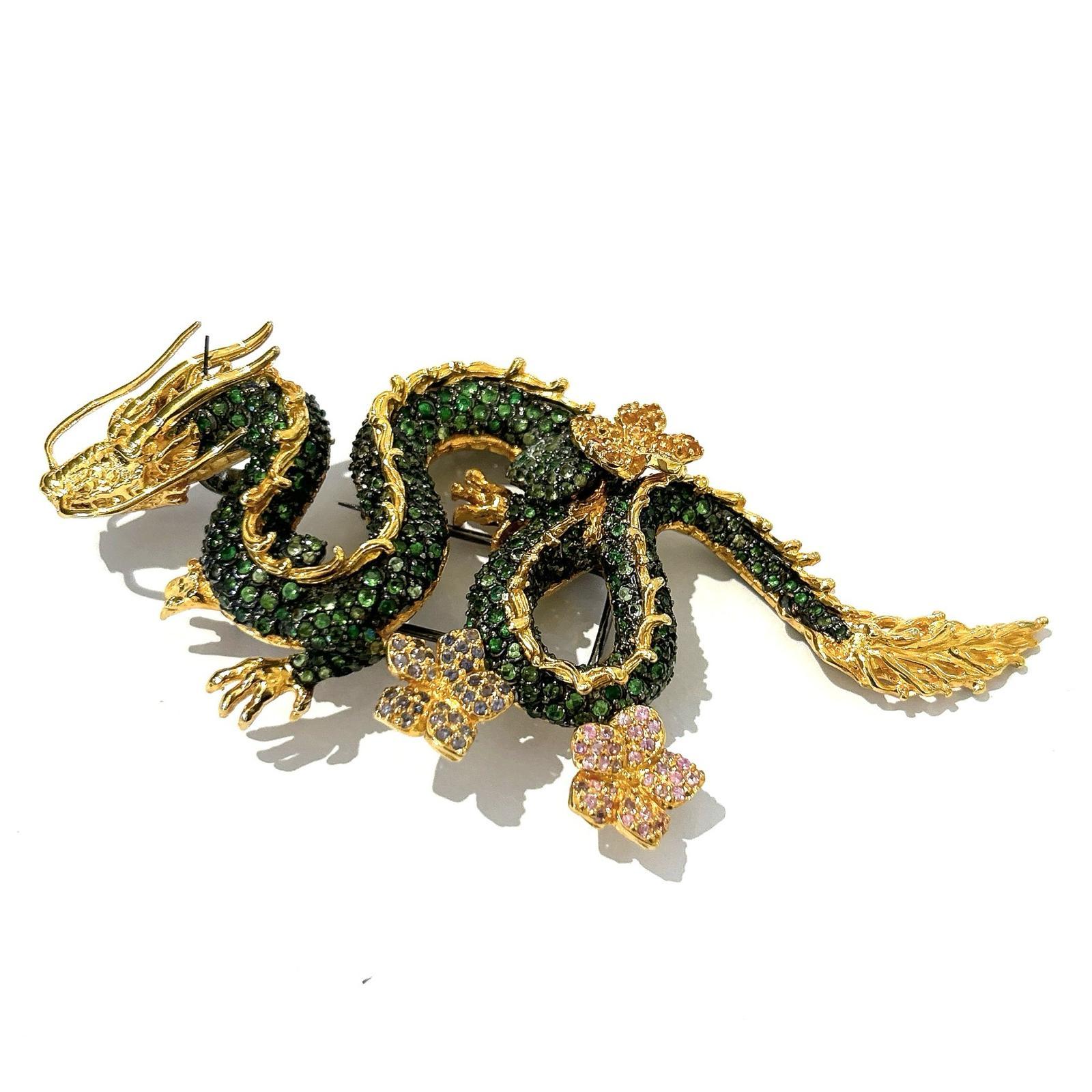 Bochic Dragon“Orient” Sapphires & Tasvorite Brooch Set In 18K Gold & Silver For Sale 7