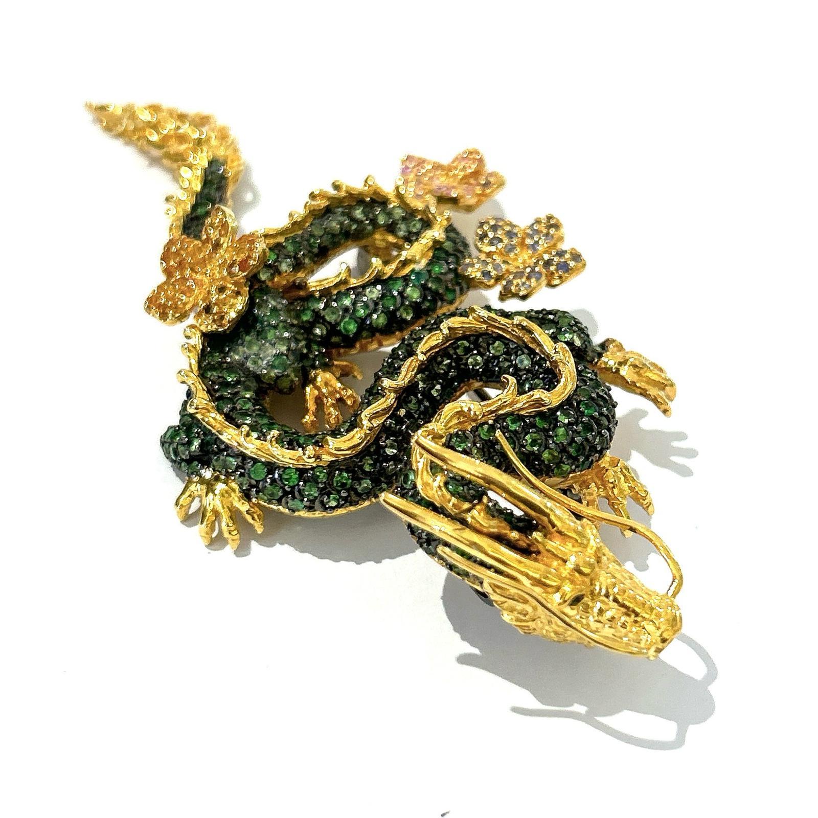 Bochic Dragon“Orient” Sapphires & Tasvorite Brooch Set In 18K Gold & Silver For Sale 8
