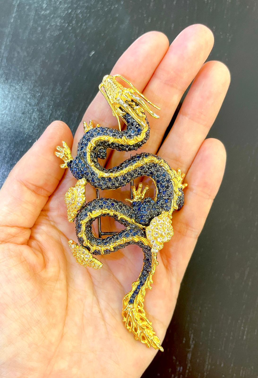 Bochic Dragon“Orient” Sapphires & Tasvorite Brooch Set In 18K Gold & Silver For Sale 10