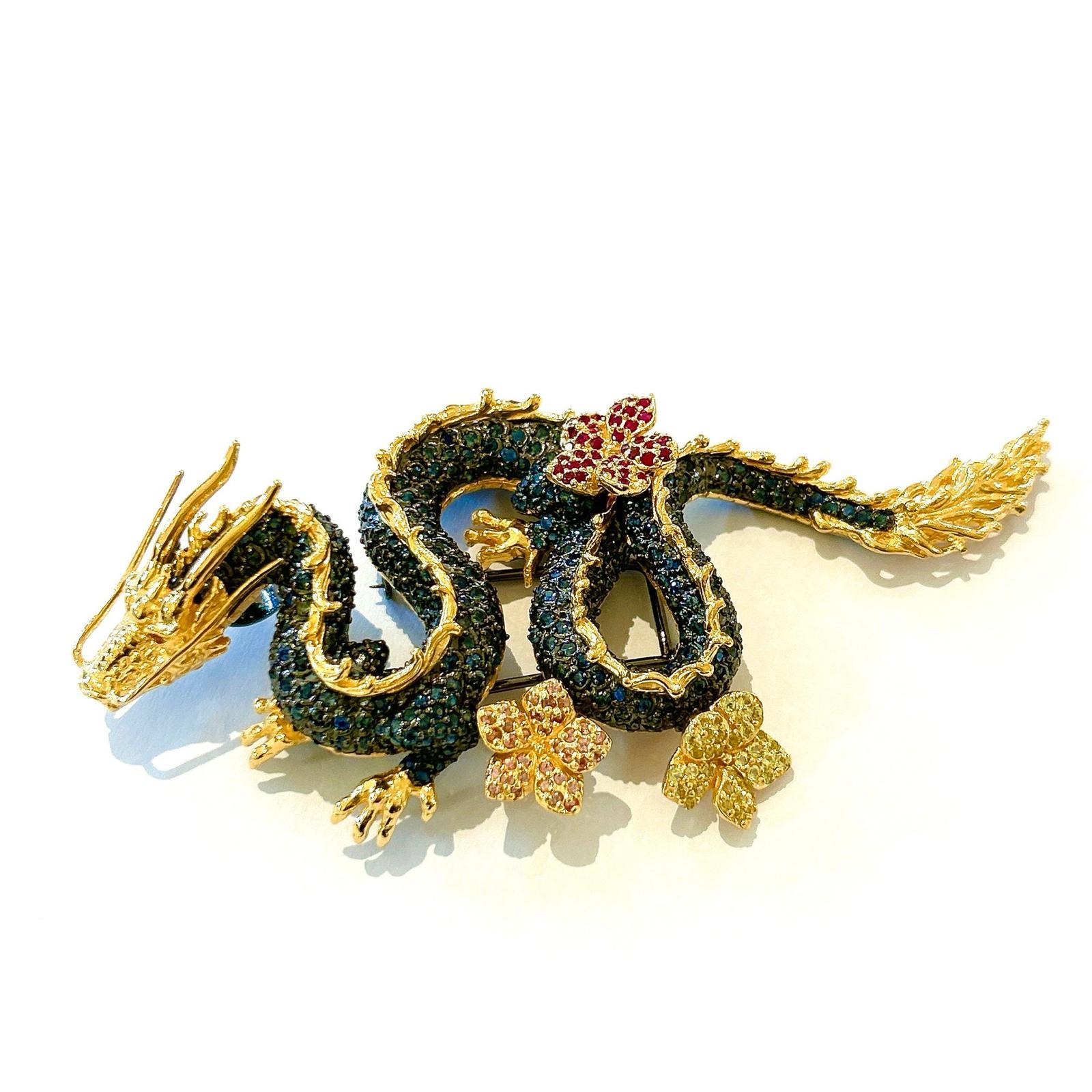 Bochic Dragon“Orient” Sapphires & Tasvorite Brooch Set In 18K Gold & Silver For Sale 11