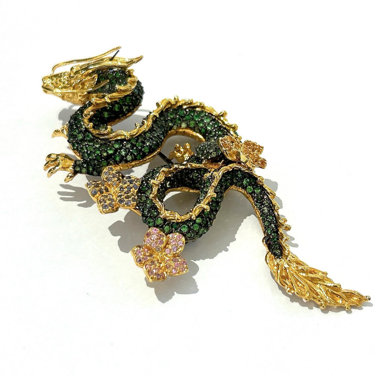 Baroque Bochic Dragon“Orient” Sapphires & Tasvorite Brooch Set In 18K Gold & Silver  For Sale