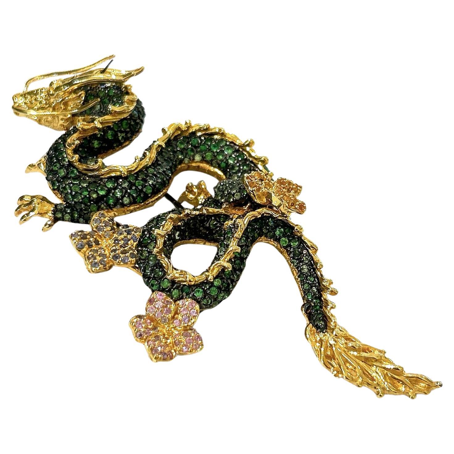 Baroque Bochic Dragon“Orient” Sapphires & Tasvorite Brooch Set In 18K Gold & Silver For Sale