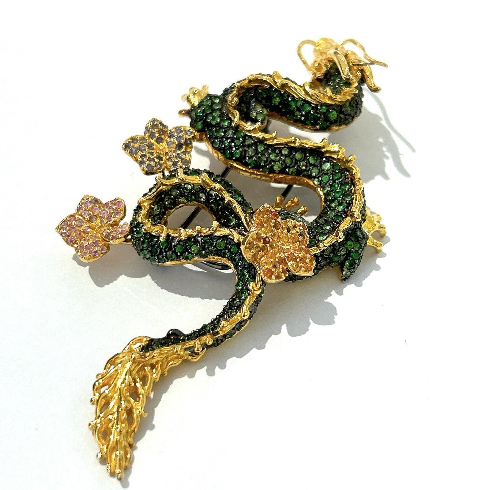Women's or Men's Bochic Dragon“Orient” Sapphires & Tasvorite Brooch Set In 18K Gold & Silver  For Sale