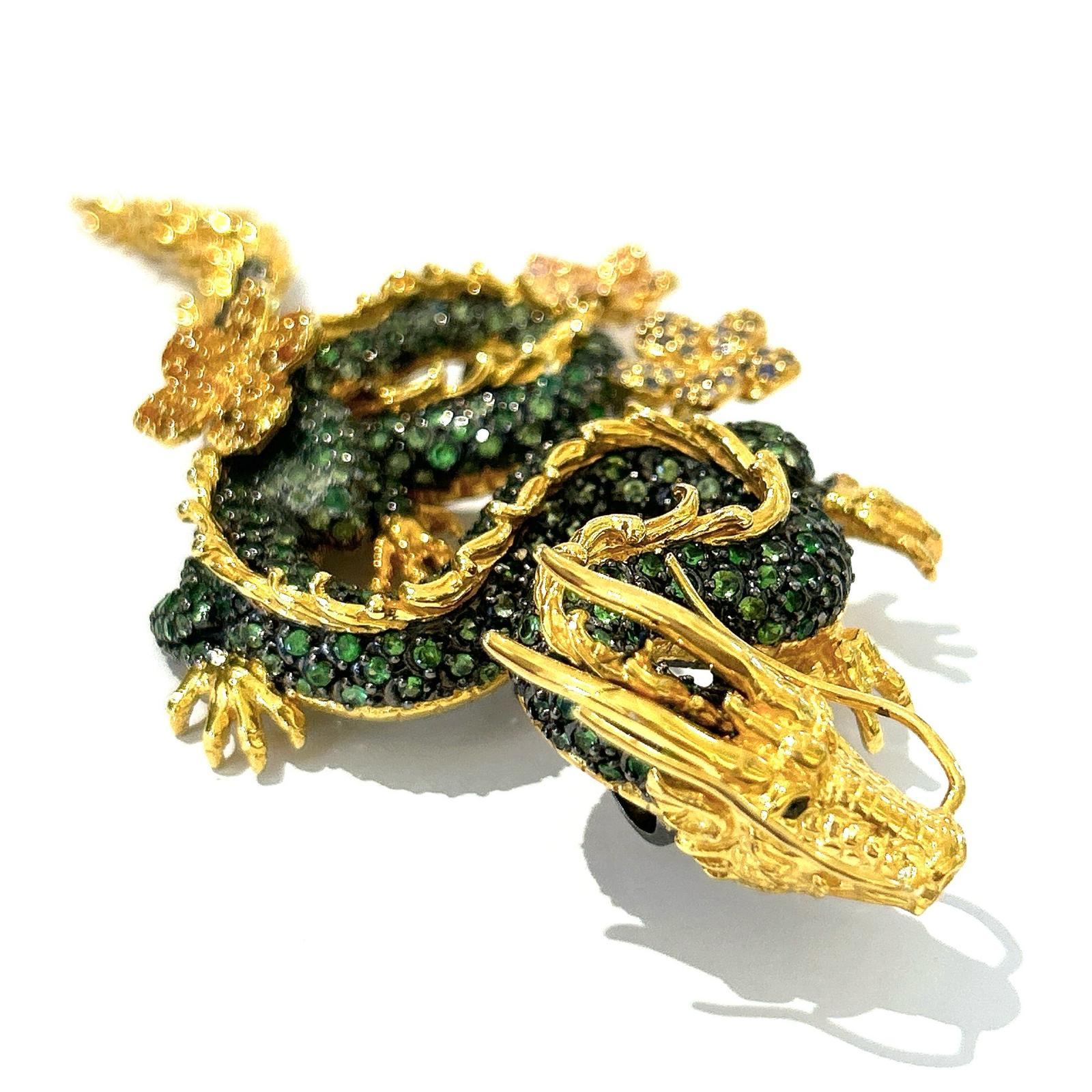 Bochic Dragon“Orient” Sapphires & Tasvorite Brooch Set In 18K Gold & Silver For Sale 1