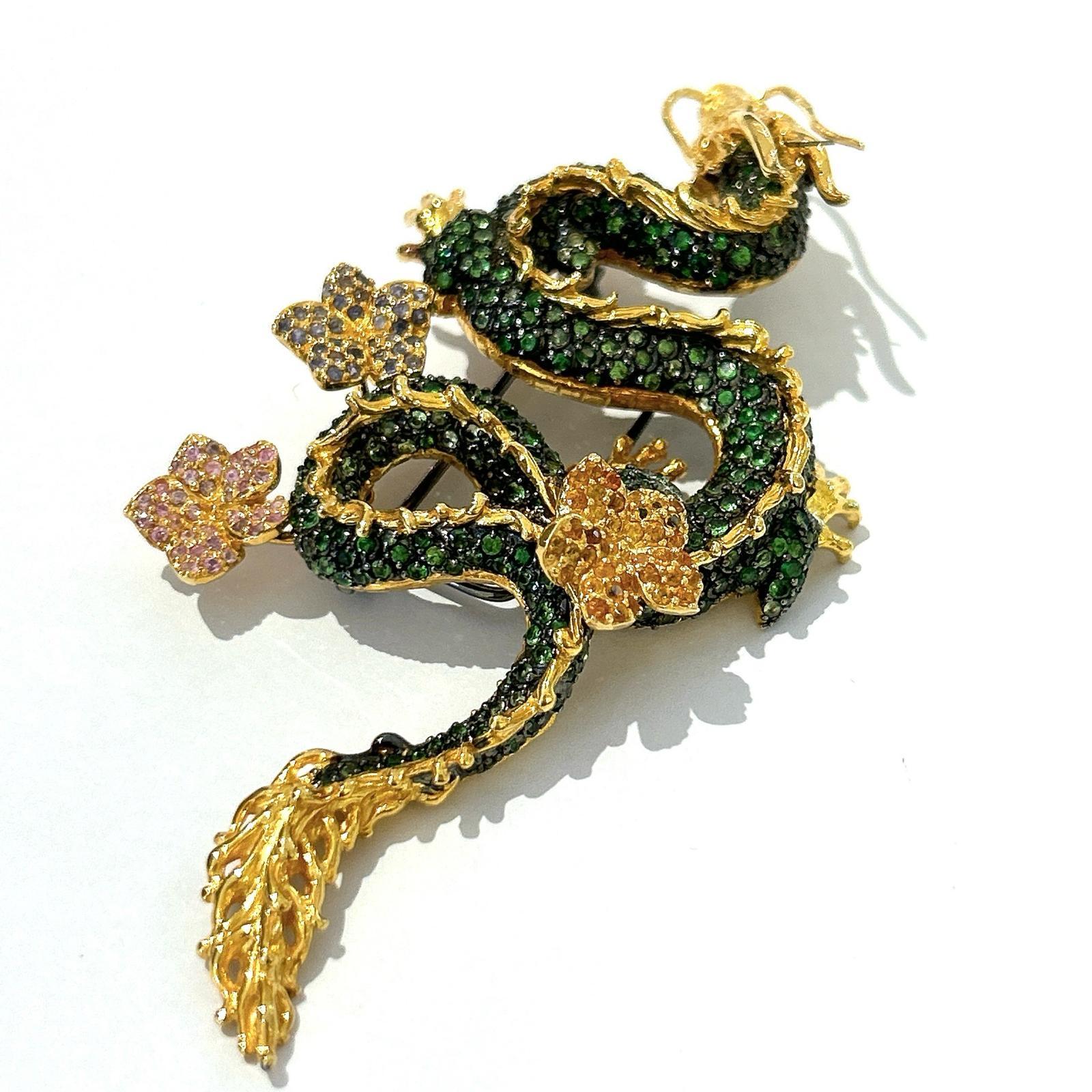 Bochic Dragon“Orient” Sapphires & Tasvorite Brooch Set In 18K Gold & Silver For Sale 2