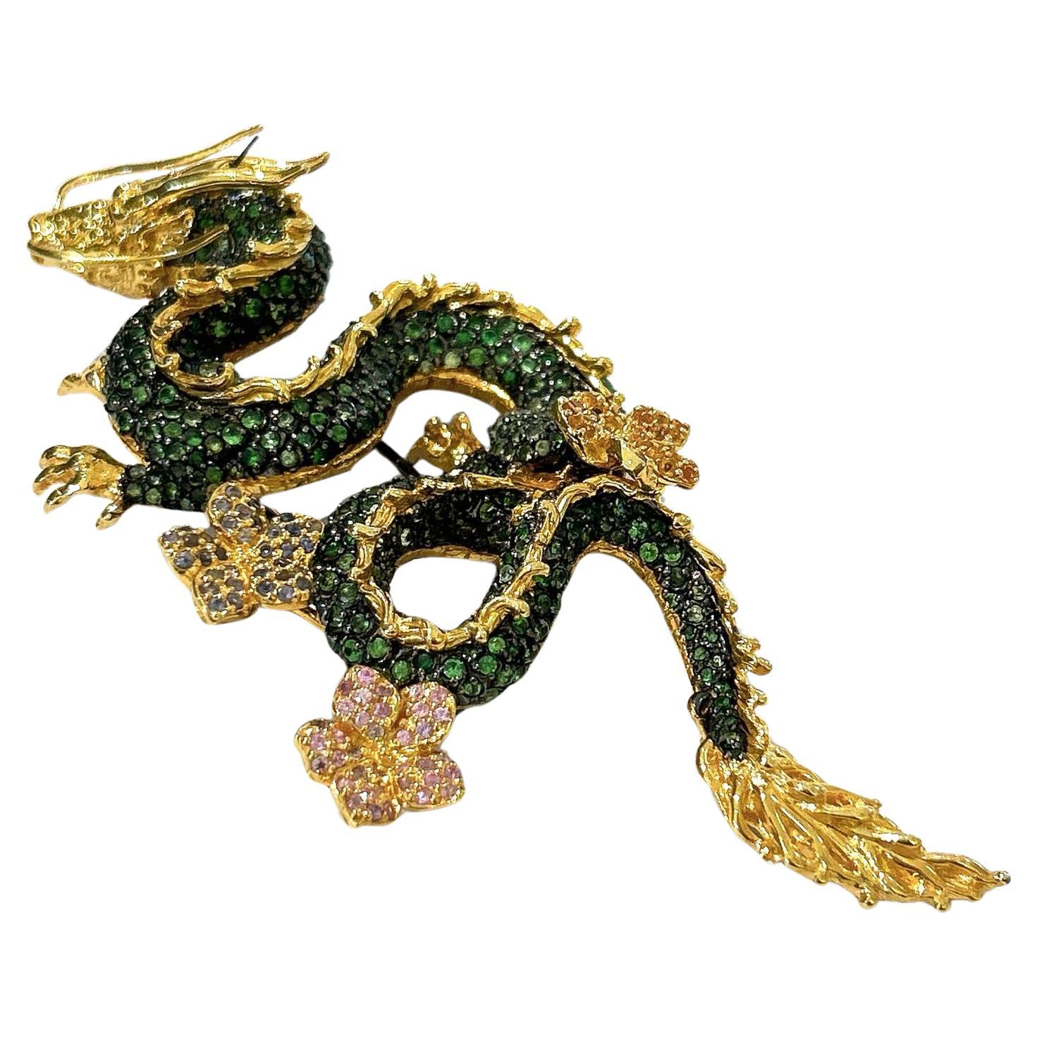 Bochic Dragon“Orient” Sapphires & Tasvorite Brooch Set In 18K Gold & Silver  For Sale