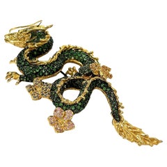 Bochic Dragon“Orient” Sapphires & Tasvorite Brooch Set In 18K Gold & Silver