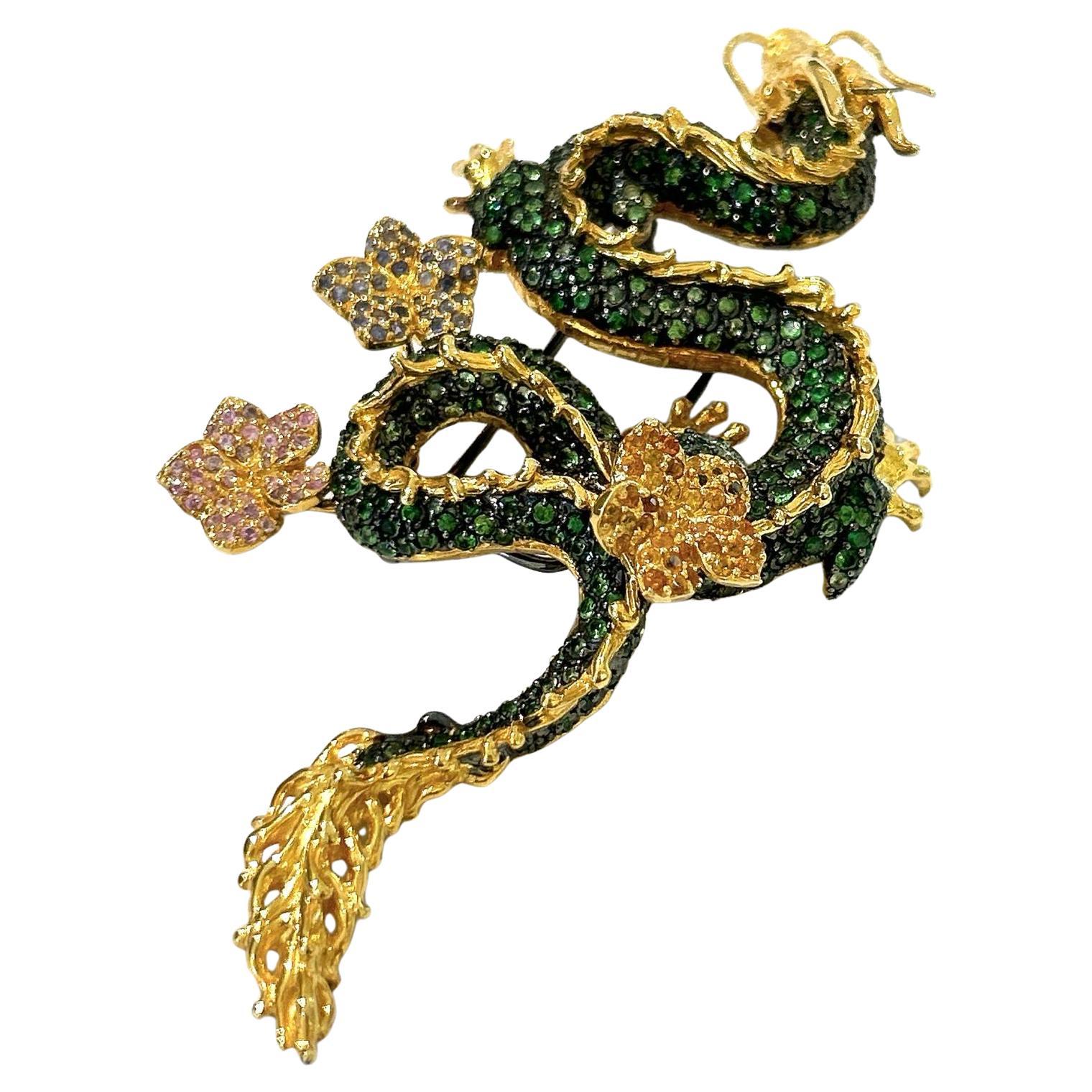 Bochic Dragon“Orient” Sapphires & Tasvorite Brooch Set In 18K Gold & Silver