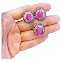 Bochic Earrings & Cocktail Ring Set, Natural Multi Gems Set in 22k Gold & Silver
