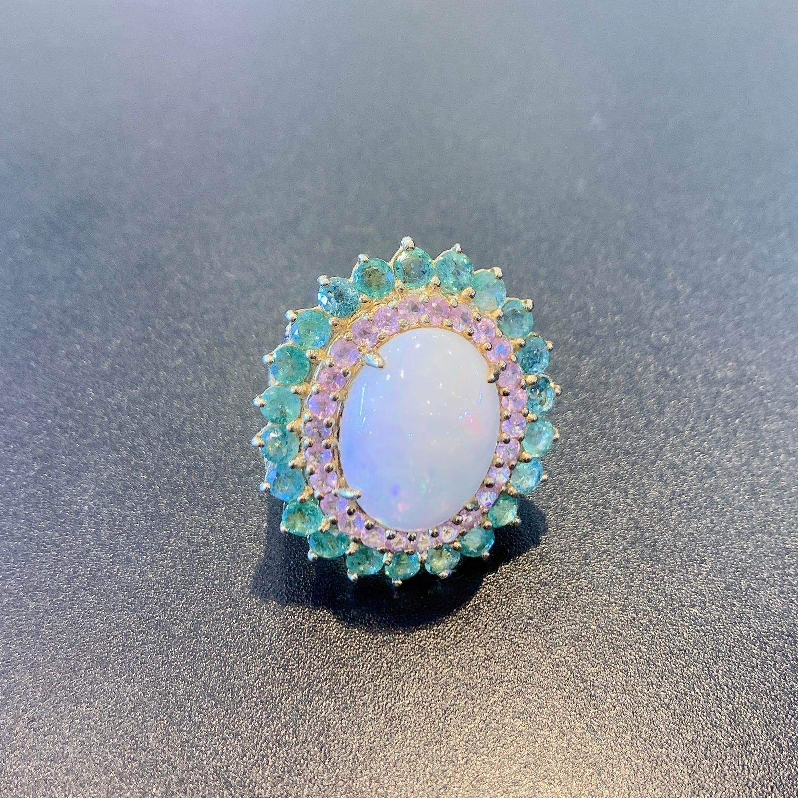 Bochic “Capri” Emerald, Pink Ruby & Fire Opal Cocktail Ring In New Condition In New York, NY