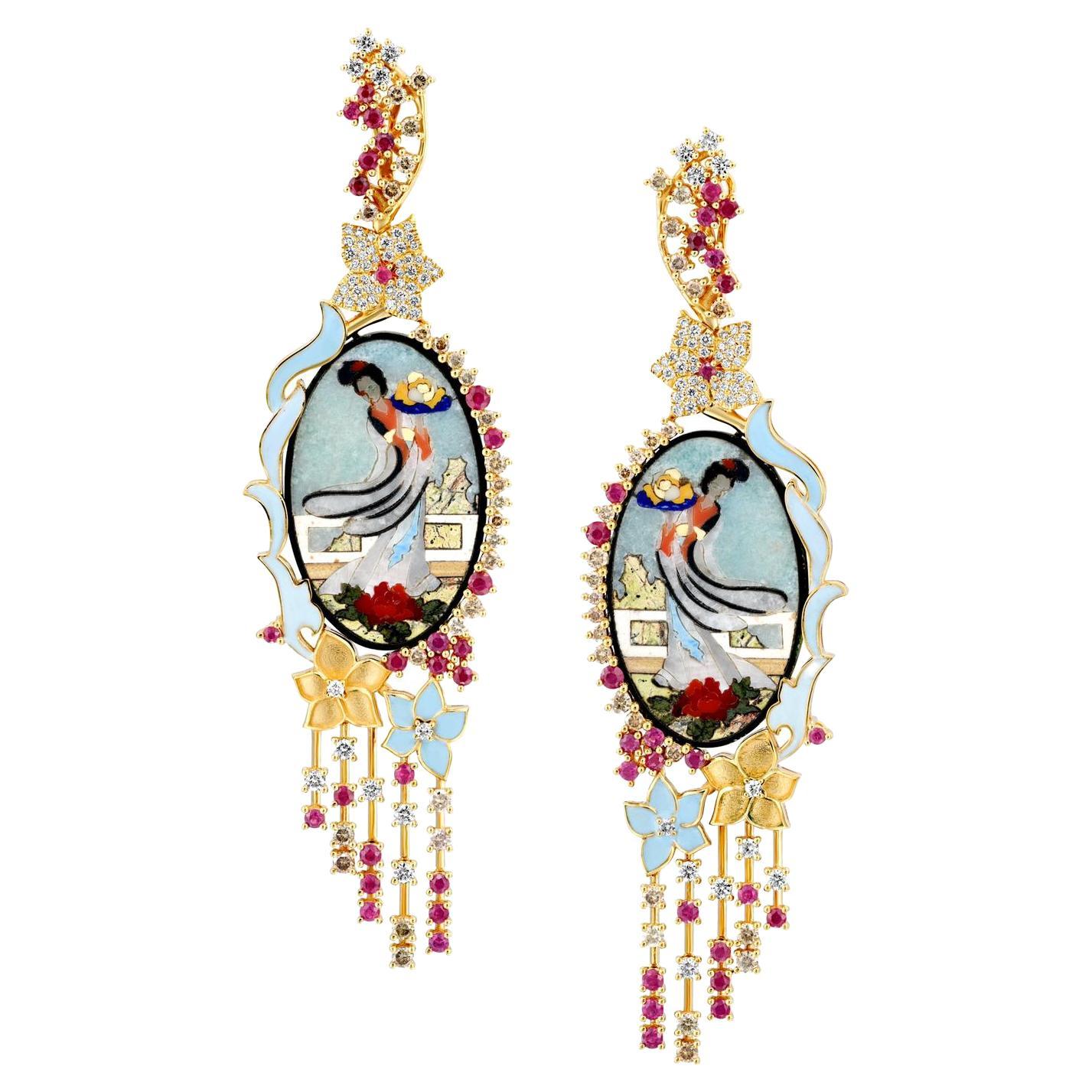 Exquisite and Bold Mosaic Dancer Earrings For Sale