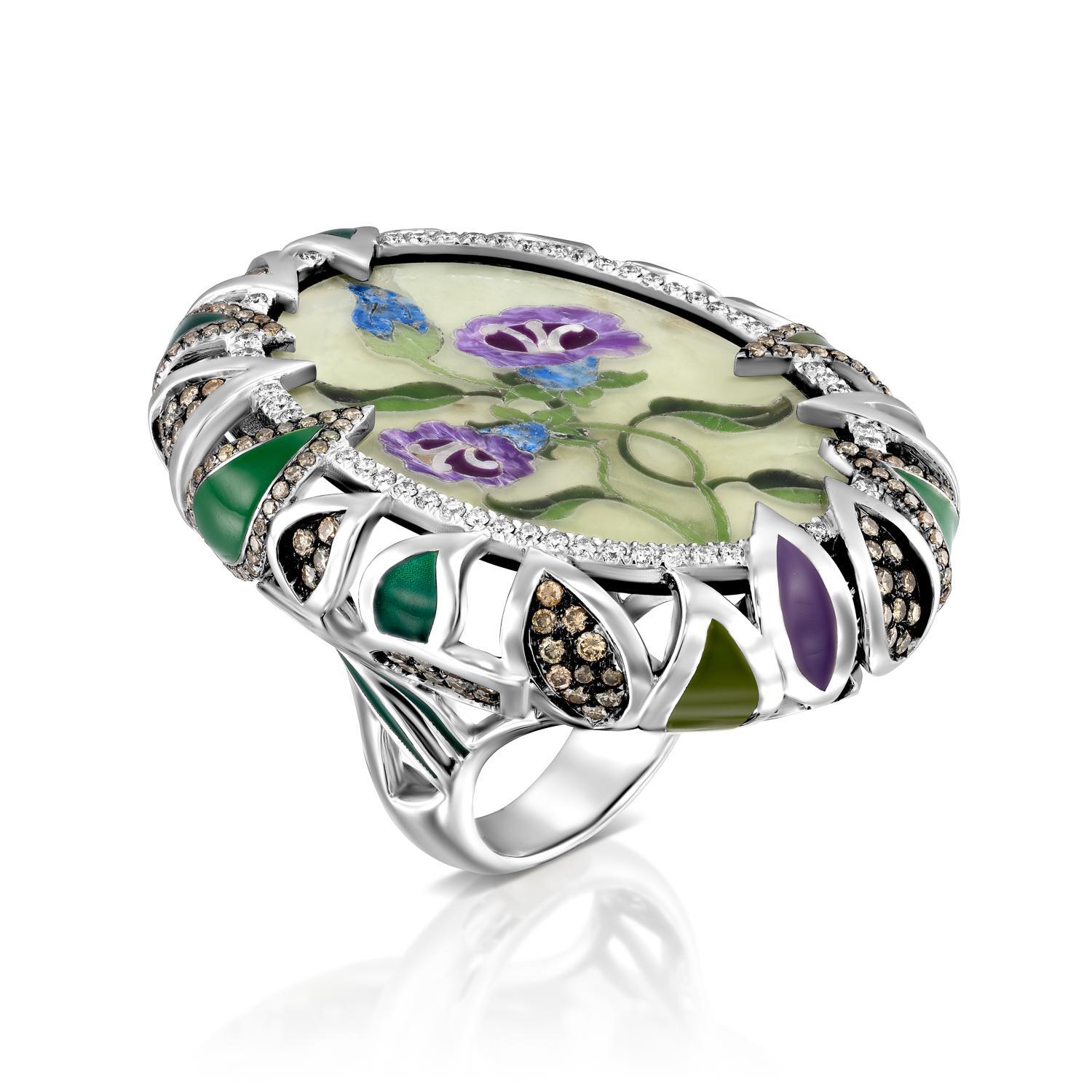 Exquisite and bold Mosaic and enamel flower ring shimmer with 18k Gold, White and Champagne Diamonds. The Mosaic flower center piece is a work of art made from gem stones like, lapis, agate, jade amethyst and more. 
206 white Diamonds F color and VS