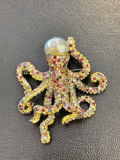 Bochic “Orient” Vintage Fancy Sapphire & South Seal Baroque Pearl Brooch