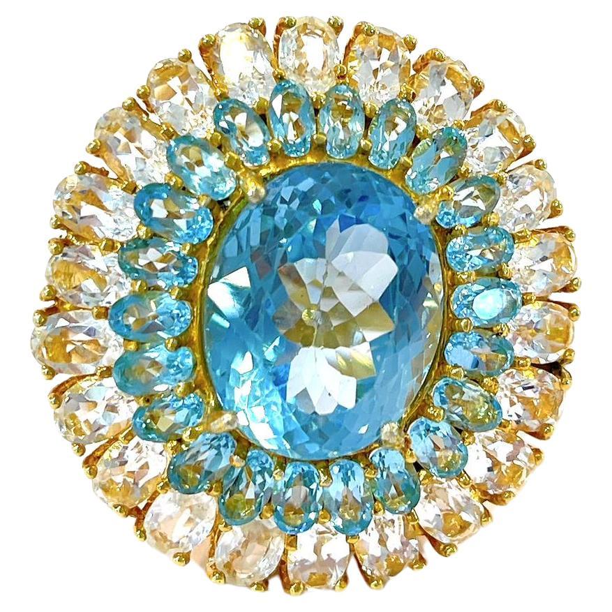 Bochic “Flamenco” Blue Topaz & White Topaz Gems Cocktail Ring 18K Gold & Silver