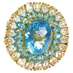 Bochic Flamenco Cocktail-Ring aus 18 Karat Gold und Silber mit blauem Topas und weißem Topas und Edelsteinen