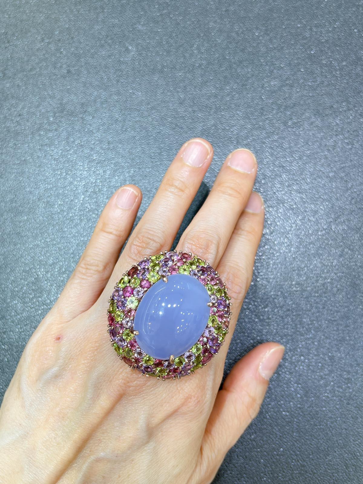 Bochic “Flamenco” Chalcedony & Multi Color Gems Cocktail Ring 18K Gold & Silver For Sale 4