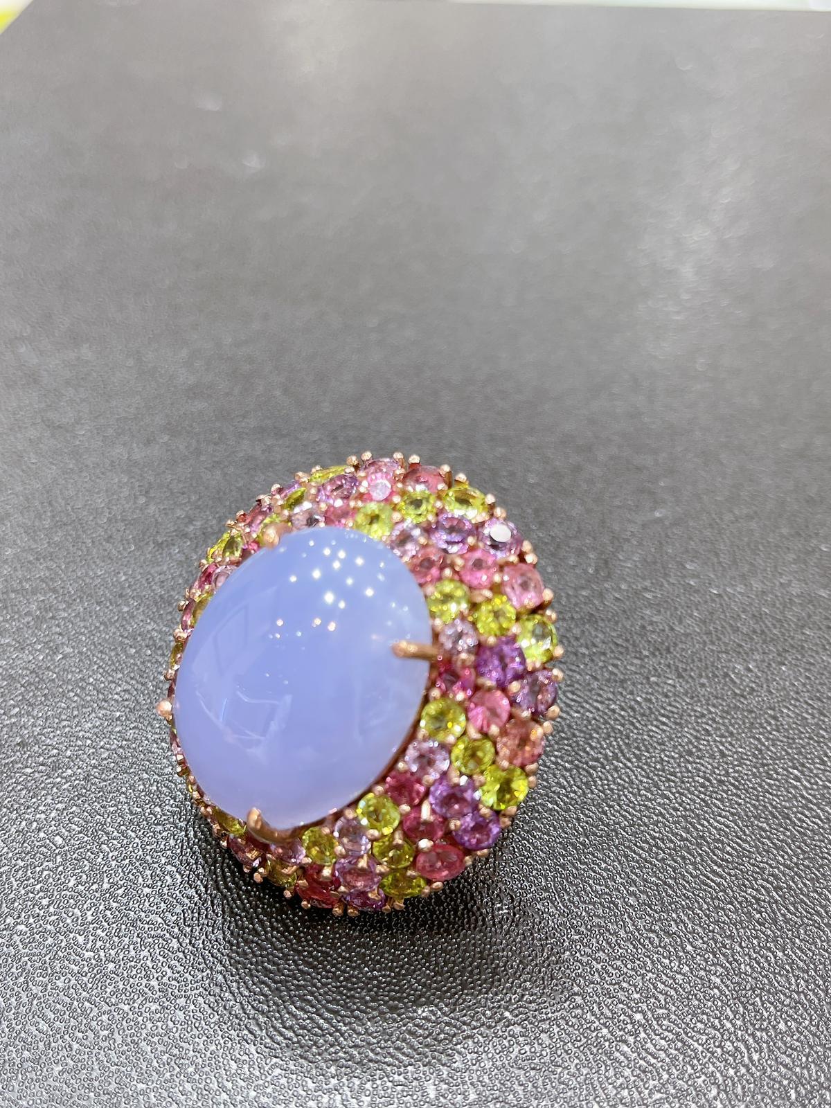 Bochic “Flamenco” Chalcedony & Multi Color Gems Cocktail Ring 18K Gold & Silver For Sale 6