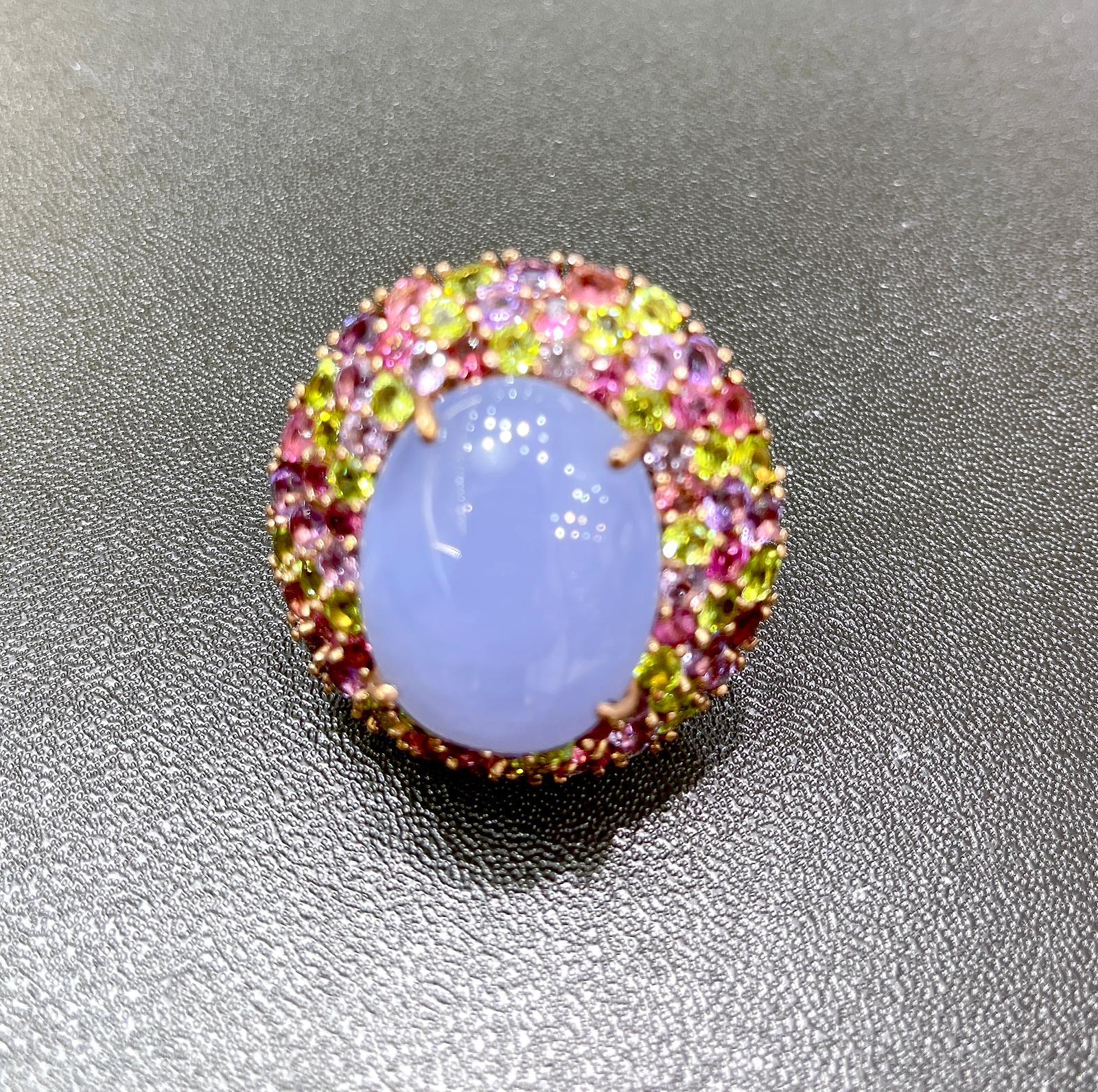 Art Deco Bochic “Flamenco” Chalcedony & Multi Color Gems Cocktail Ring 18K Gold & Silver For Sale