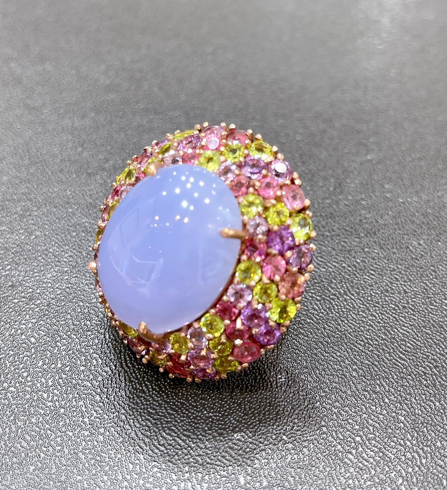 Brilliant Cut Bochic “Flamenco” Chalcedony & Multi Color Gems Cocktail Ring 18K Gold & Silver For Sale