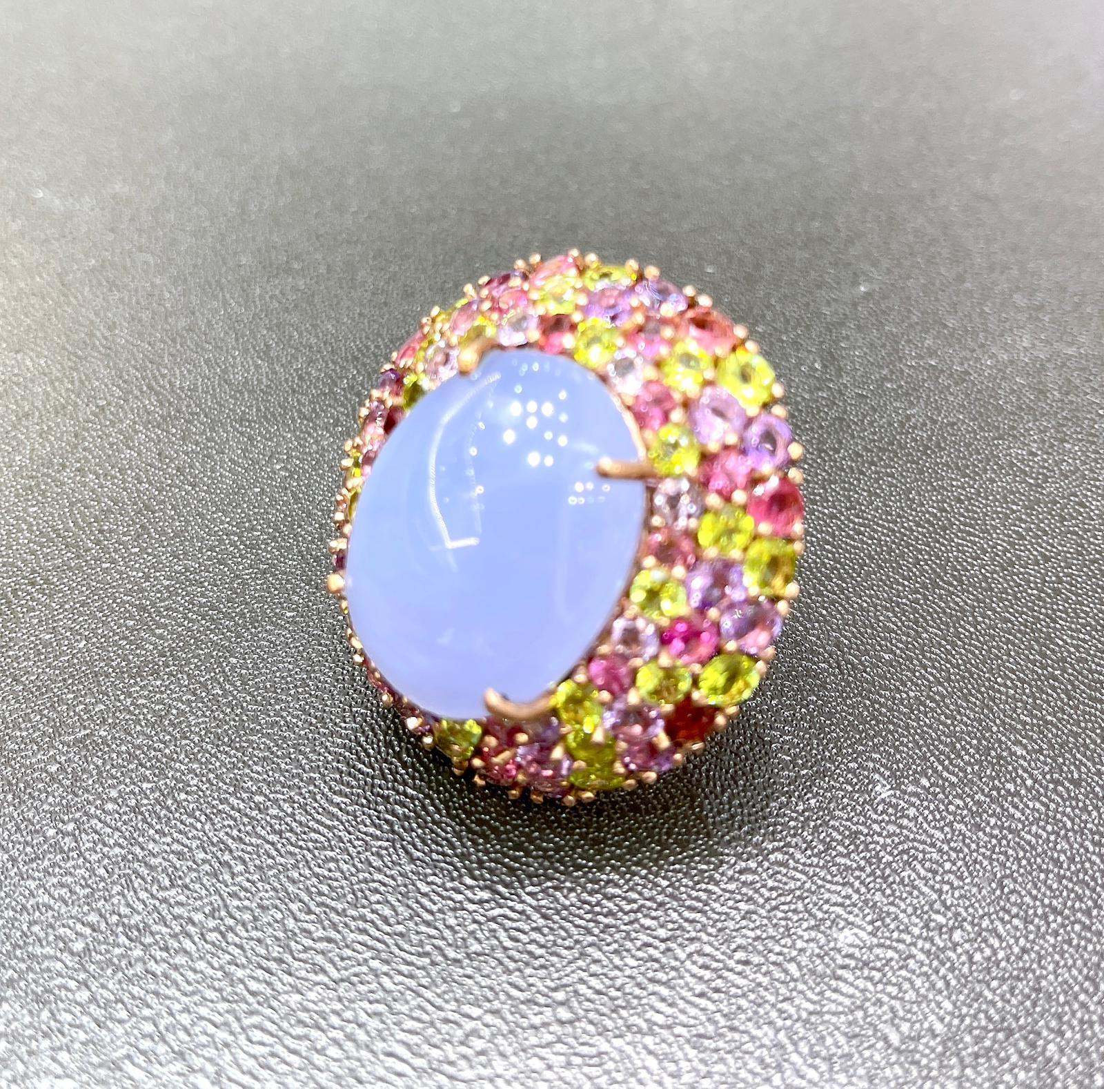 Bochic “Flamenco” Chalcedony & Multi Color Gems Cocktail Ring 18K Gold & Silver In New Condition For Sale In New York, NY