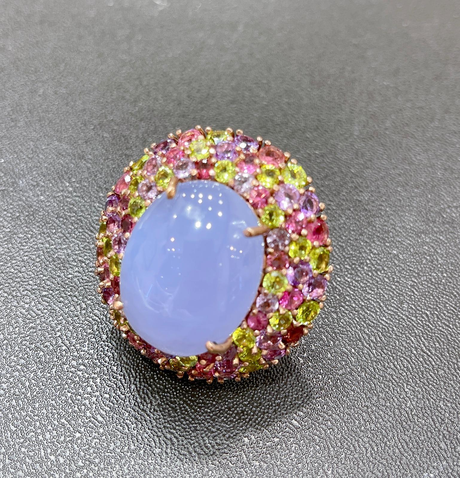 Women's or Men's Bochic “Flamenco” Chalcedony & Multi Color Gems Cocktail Ring 18K Gold & Silver For Sale