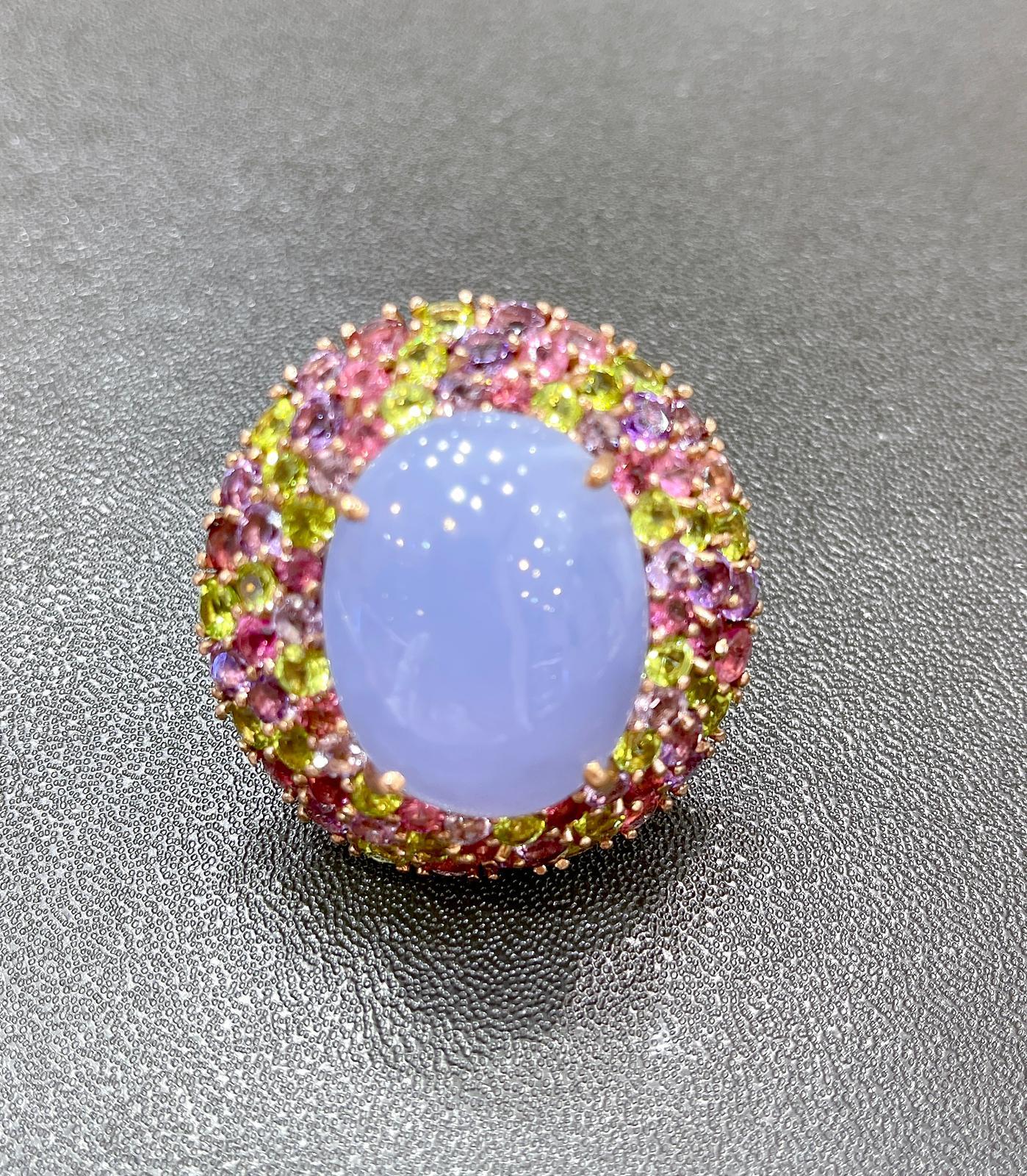 Bochic “Flamenco” Chalcedony & Multi Color Gems Cocktail Ring 18K Gold & Silver For Sale 1