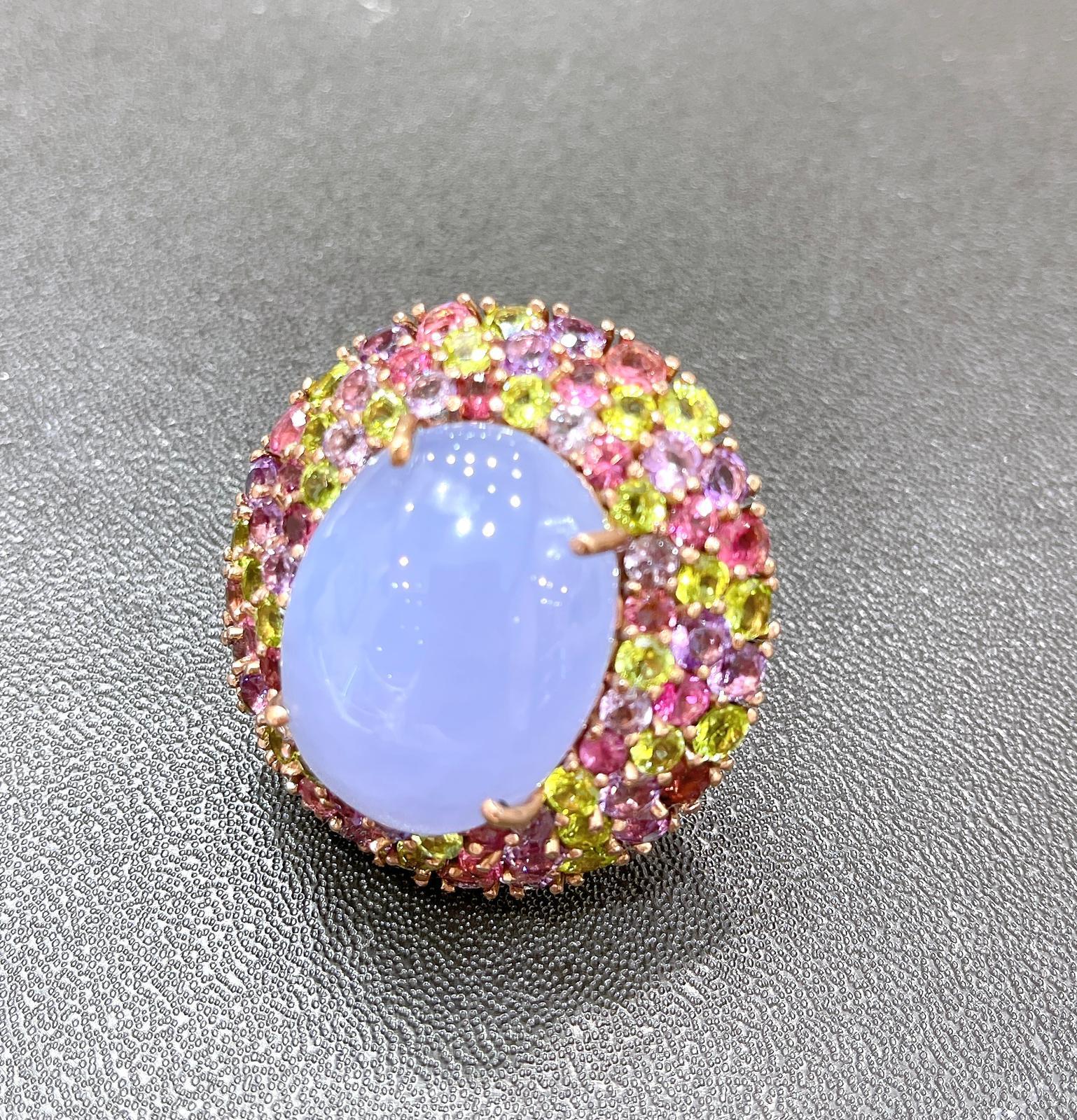 Bochic “Flamenco” Chalcedony & Multi Color Gems Cocktail Ring 18K Gold & Silver For Sale 3