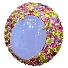 Bochic “Flamenco” Chalcedony & Multi Color Gems Cocktail Ring 18K Gold & Silver