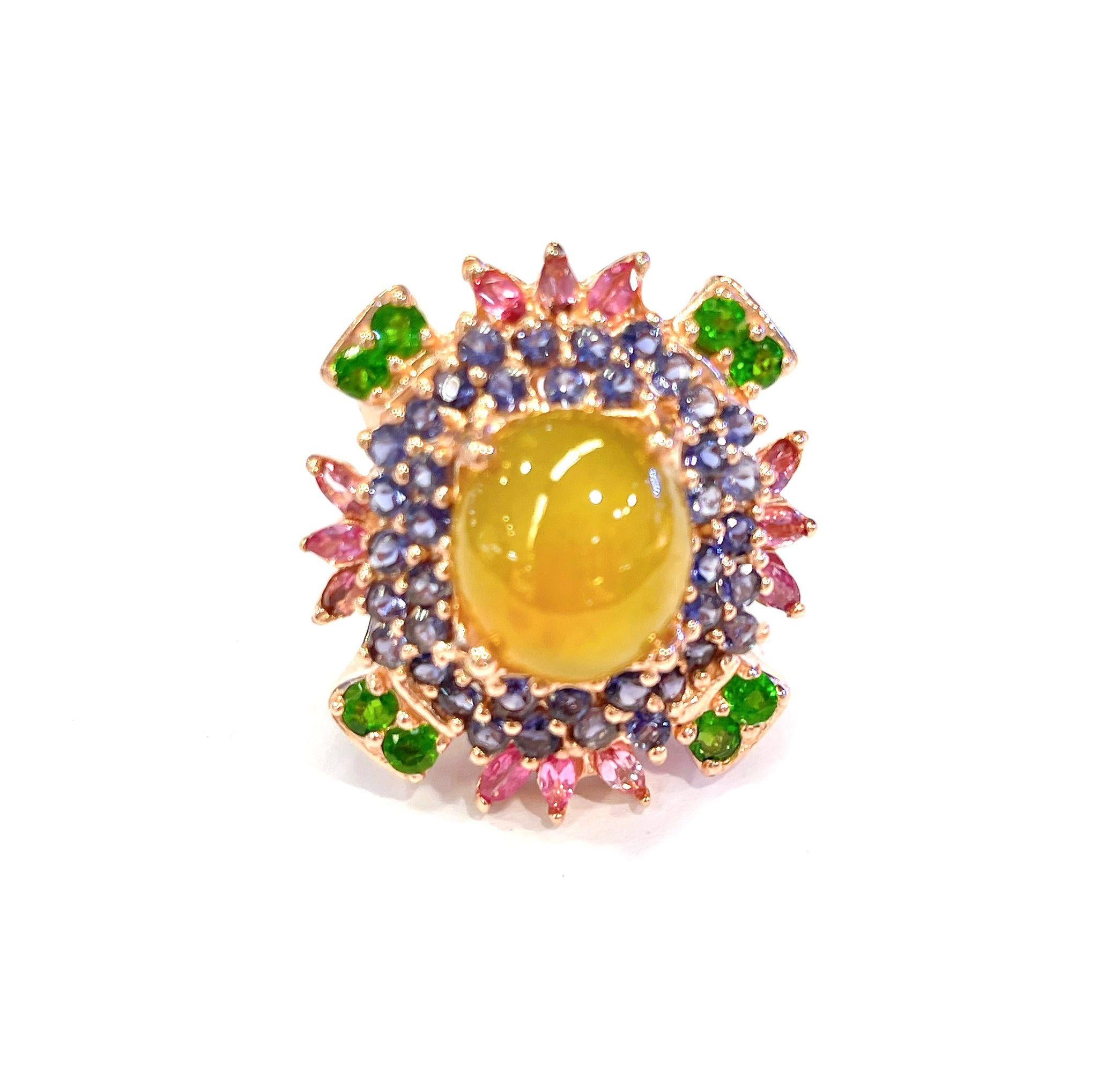 Bochic “Flamenco” Muti Gem & Fancy Sapphires  Large Cocktail Ring 18K & Silver

Natural Fancy Yellow Sapphire Cabochon from Sri Lanka  - 7 Carat
Natural Fancy Pink Sapphire pear shapes 
3 Carat
Natural Tanzanite - 2 Carat
Chrome dioxide - 2