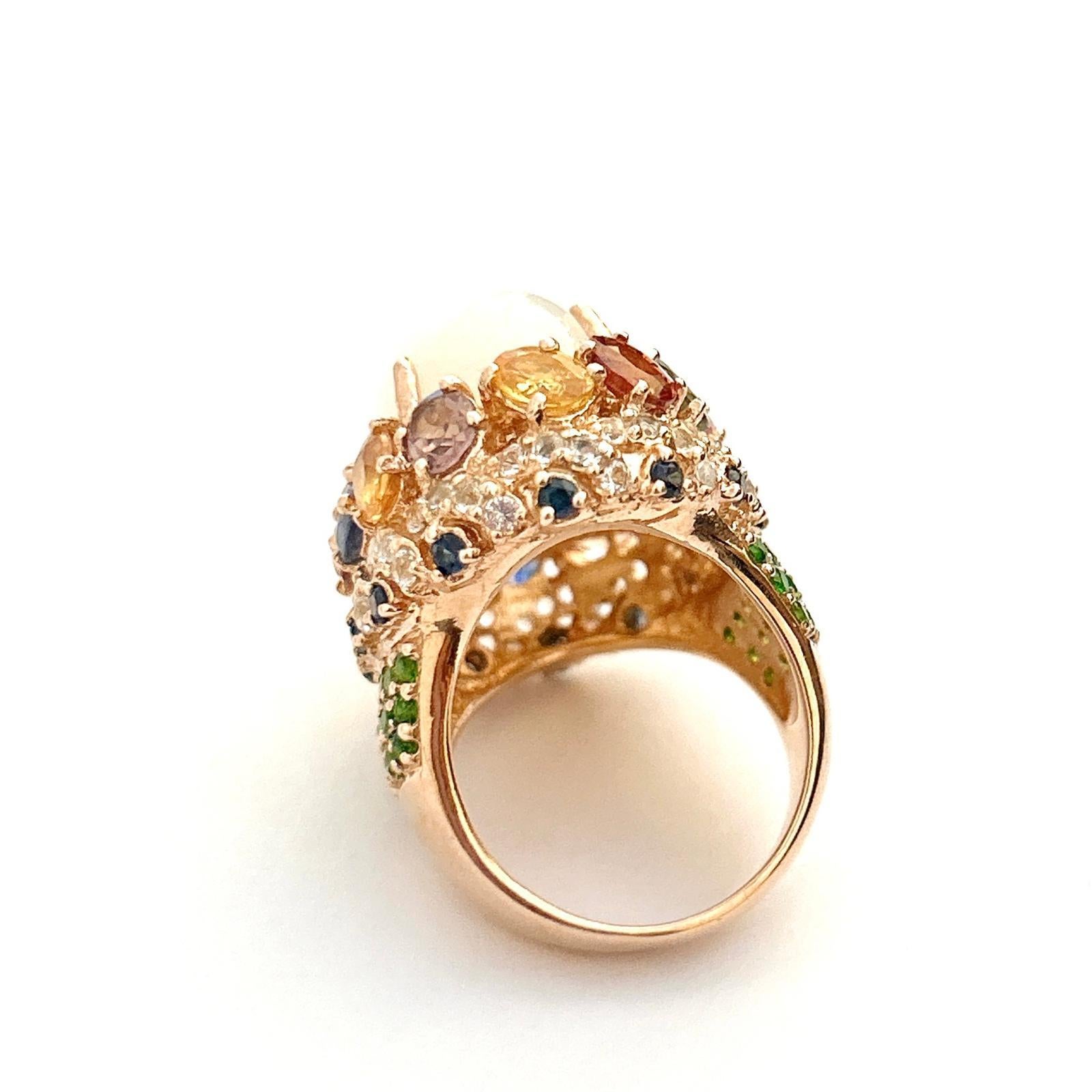 Brilliant Cut Bochic “Flamenco” Opal & Multi Fancy Color Sapphires Cocktail Ring 18K Gold For Sale