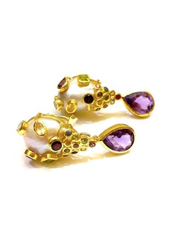 Bochic “Flamenco”Vintage Ruby, Amethyst & Sapphire Earrings Set 18K Gold&Silver