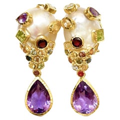 Pendientes Bochic "Flamenco" de rubí, amatista y zafiro múltiple, oro y plata de 18 quilates
