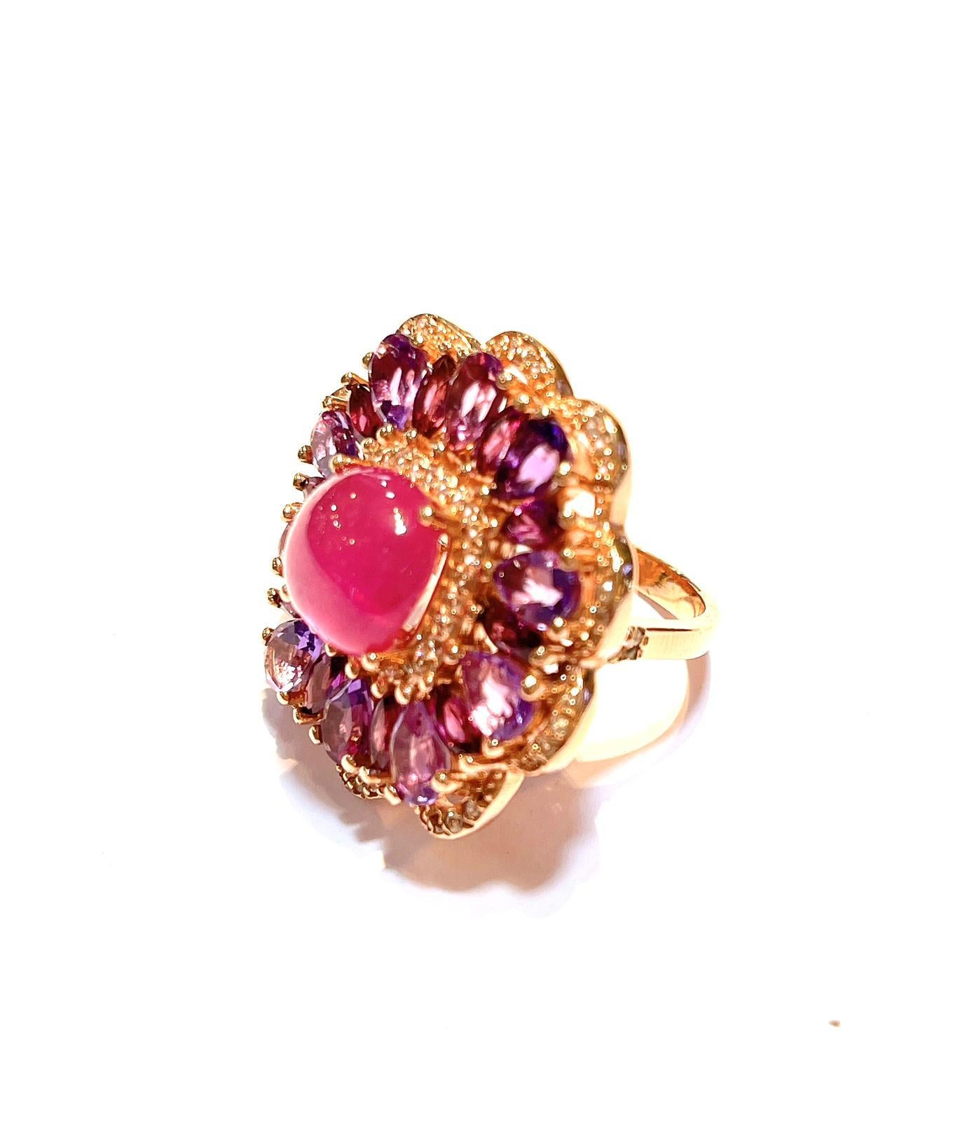 Bochic Flamenco Rubin & Fancy Multi Farbe Edelsteine Cocktail Ring 18K Gold & Silber (Art déco) im Angebot