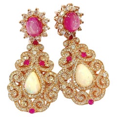 Bochic “Flamenco” Ruby & Multi gem Chandelier Earrings Set 18K Gold&Silver