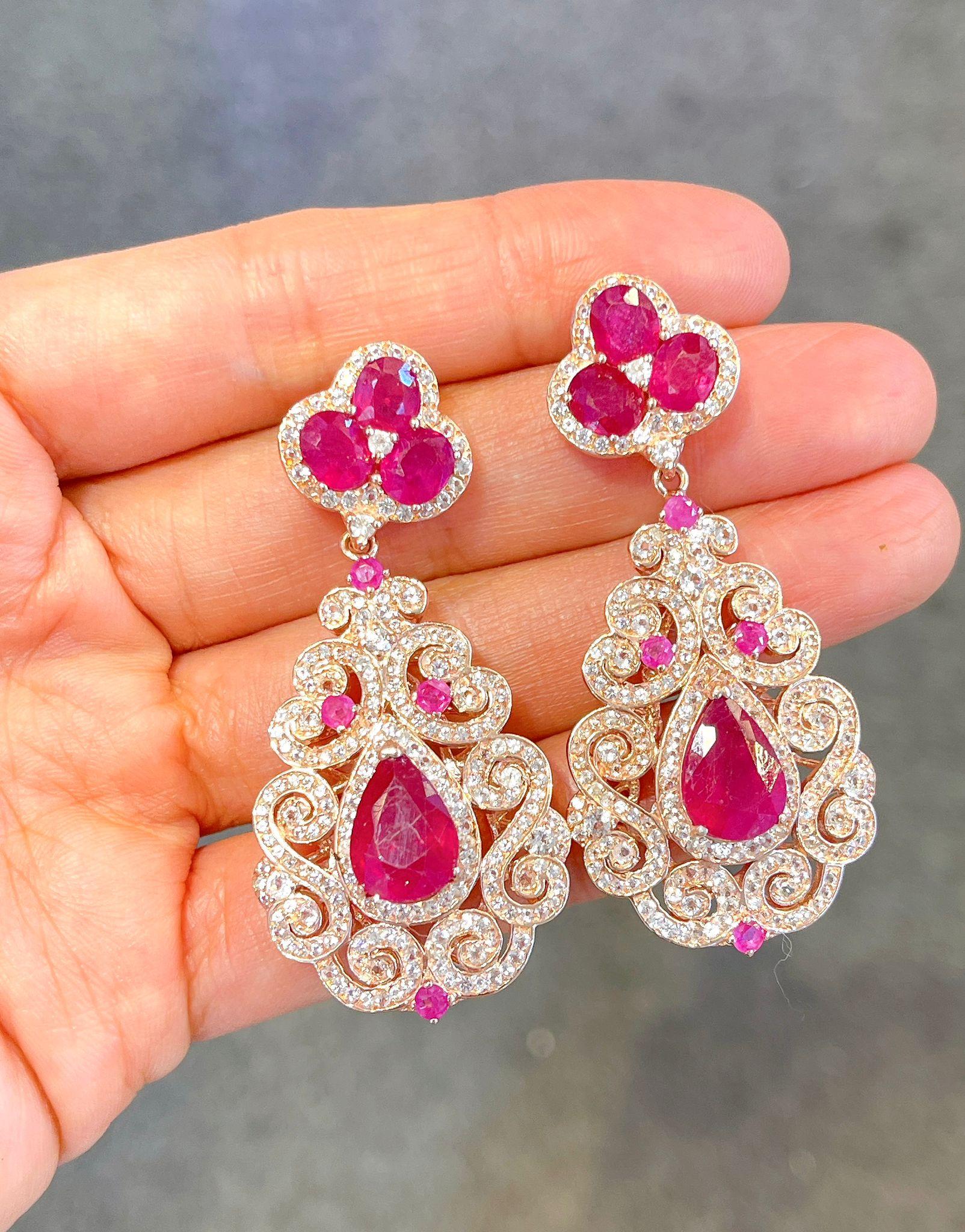Bochic “Flamenco” Ruby & Multi gem Chandelier Earrings Set 18K Gold&Silver 

Natural Rubies - 16 carat  
Natural White  Topaz  - 3  carat 
Fancy color sapphires - 1.50 carat 

The earrings from the traveling collection are the epitome of elegance