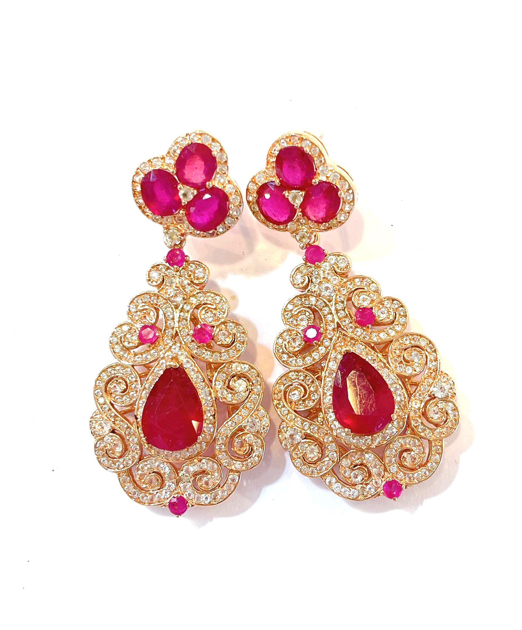 Baroque Bochic “Flamenco” Ruby & White Topaz Earrings Set In 18K Gold & Silver For Sale