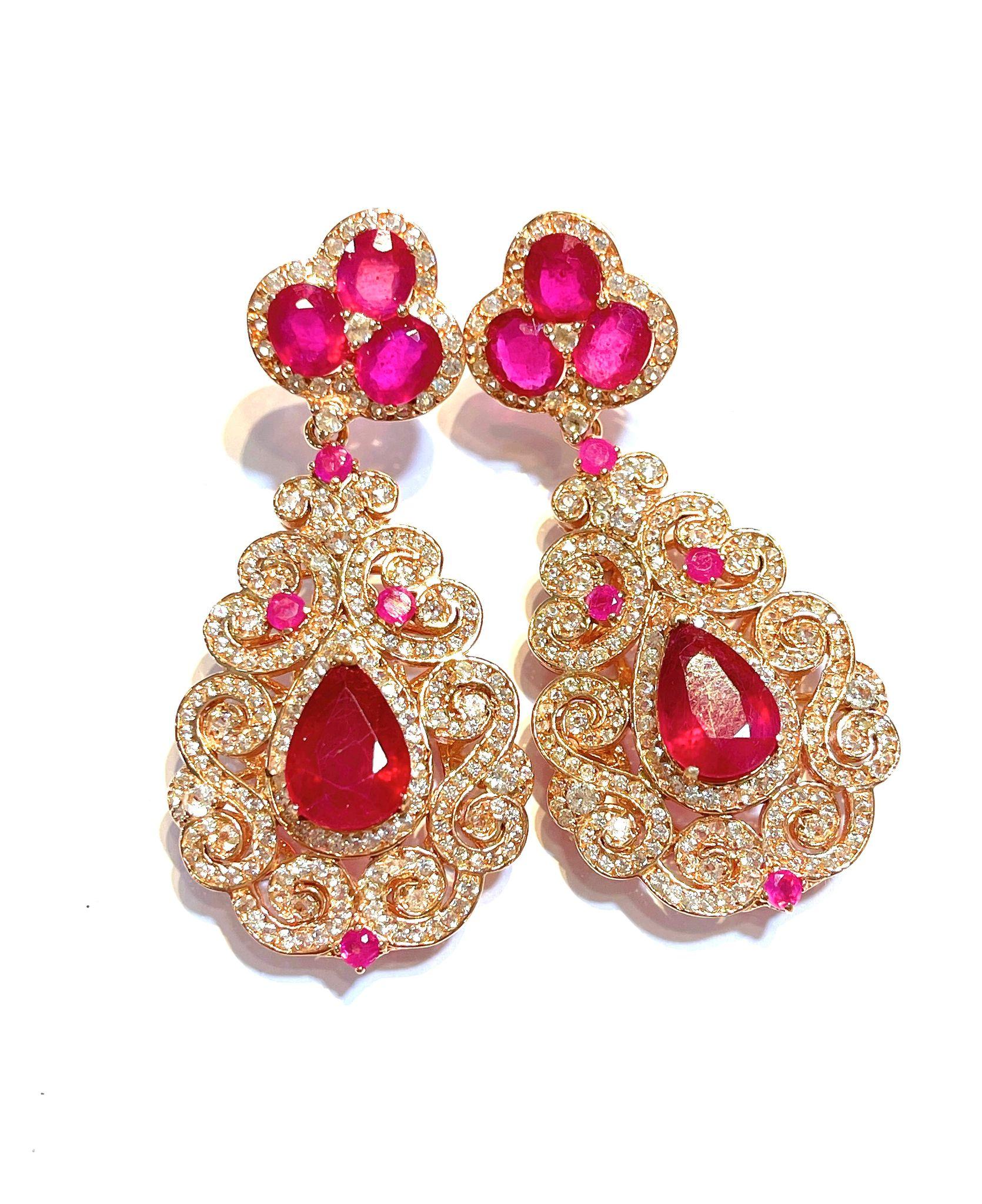 Brilliant Cut Bochic “Flamenco” Ruby & White Topaz Earrings Set In 18K Gold & Silver For Sale