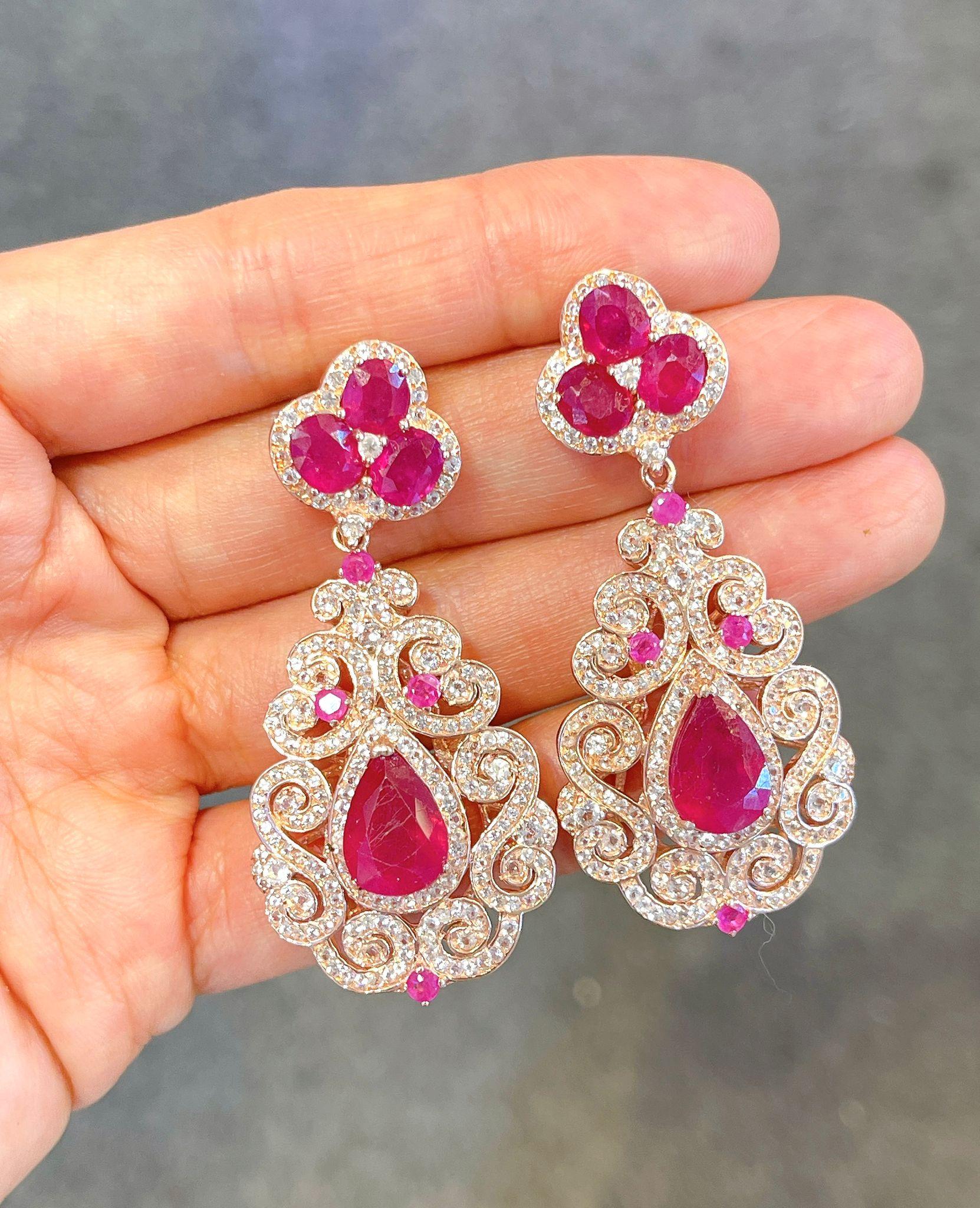 Women's Bochic “Flamenco” Ruby & White Topaz Earrings Set In 18K Gold & Silver For Sale