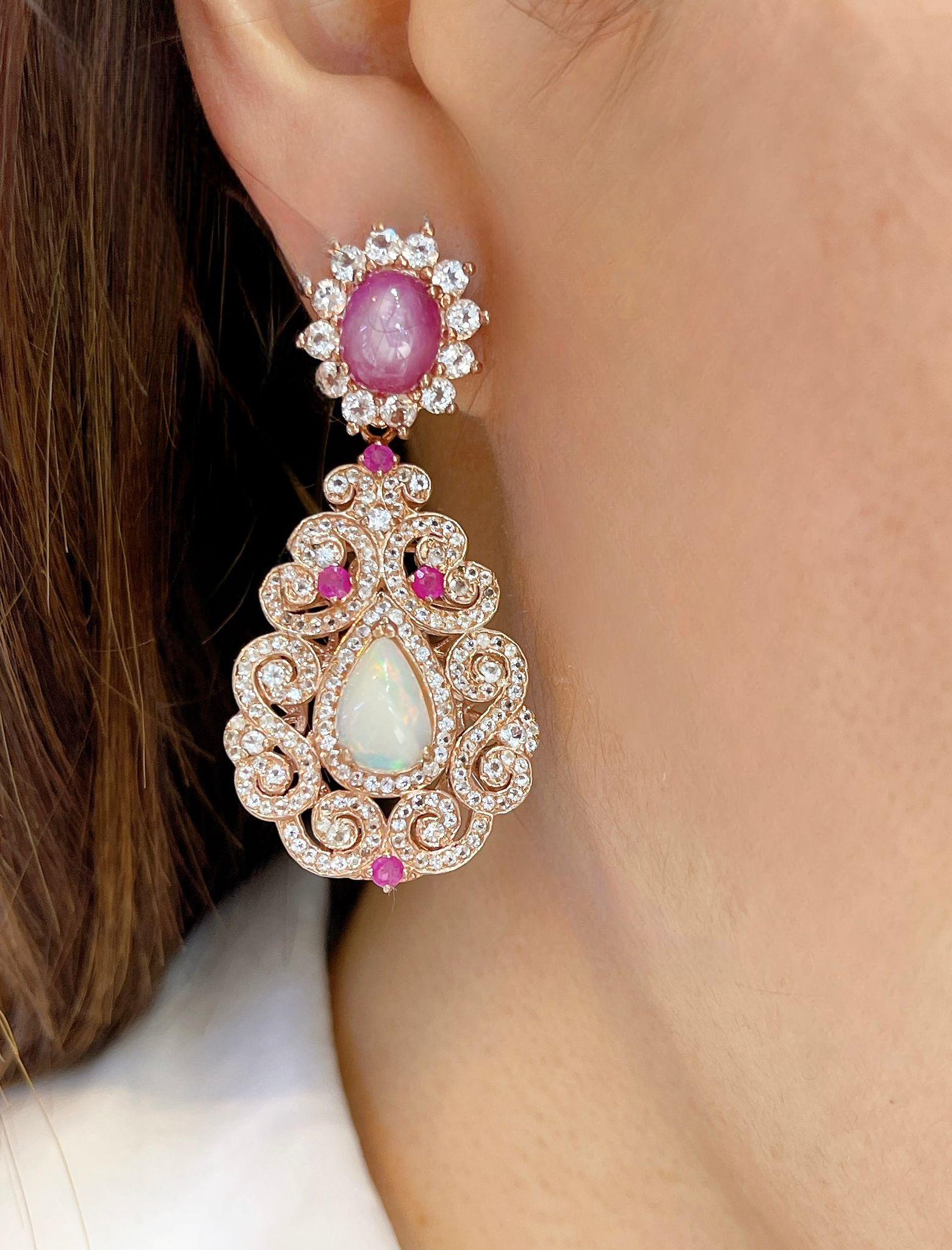 Bochic “Flamenco” Ruby & White Topaz Earrings Set In 18K Gold & Silver For Sale 1