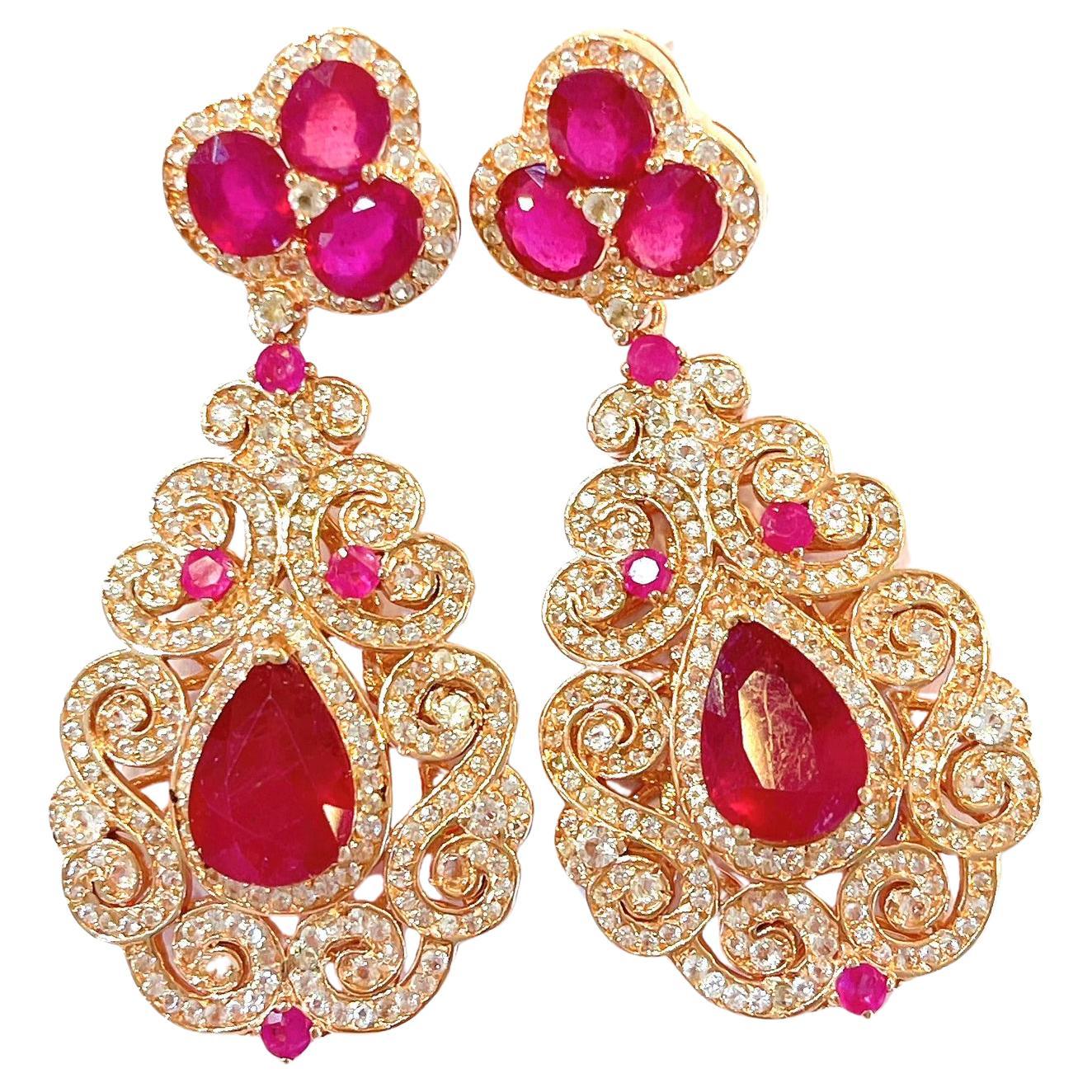 Bochic “Flamenco” Ruby & White Topaz Earrings Set In 18K Gold & Silver For Sale