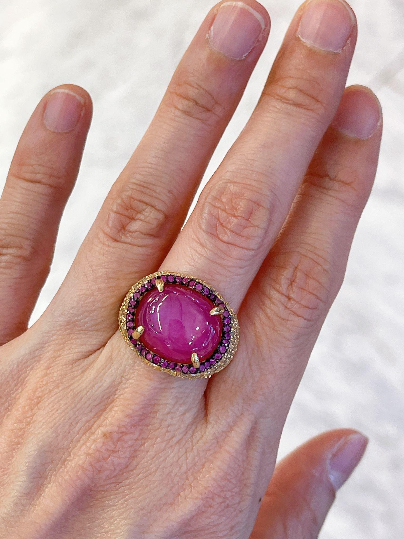 Baroque Bochic “Flamenco” Ruby & White Zircon Cocktail Ring 18K Gold & Silver For Sale