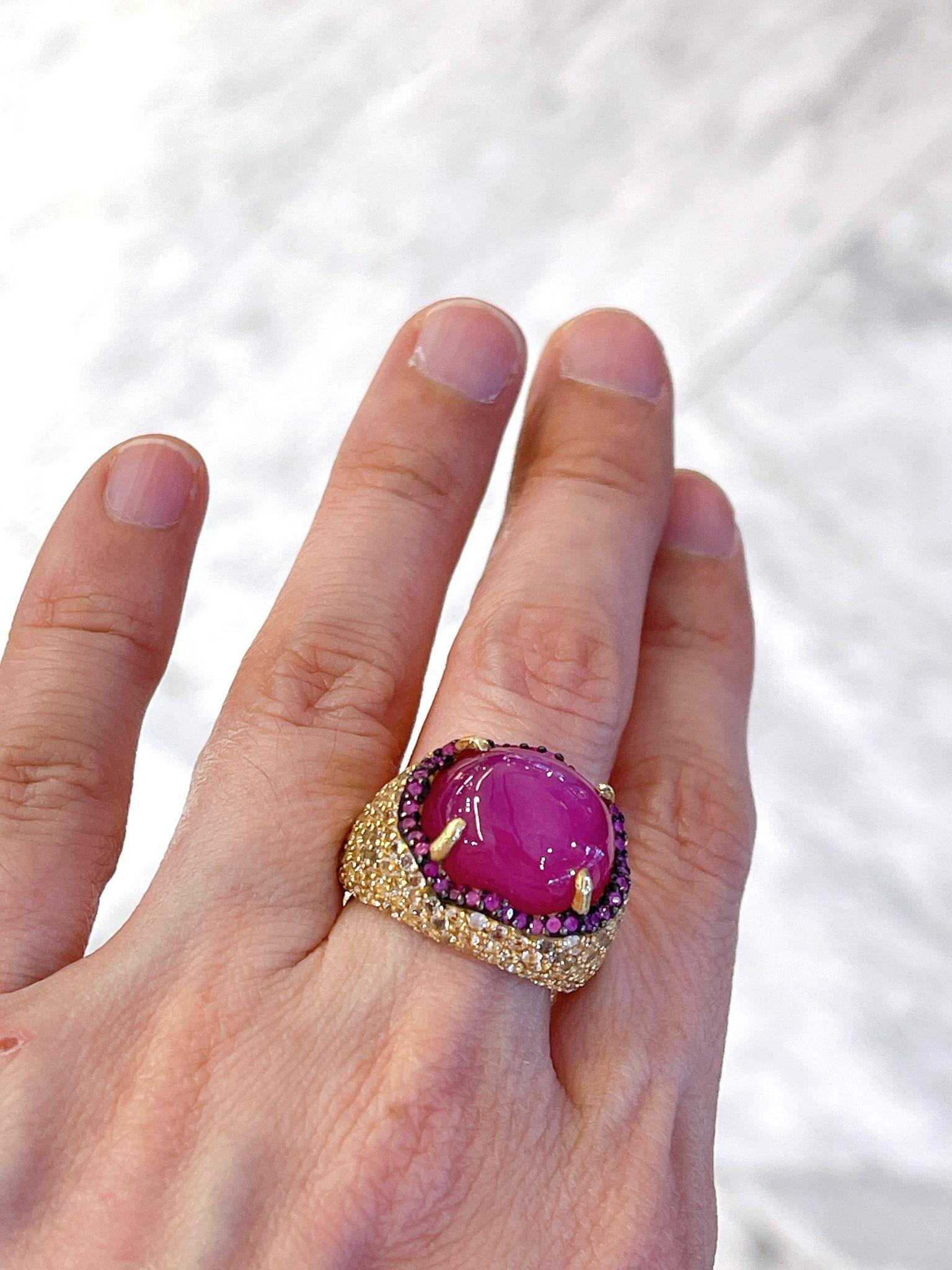Cabochon Bochic “Flamenco” Ruby & White Zircon Cocktail Ring 18K Gold & Silver For Sale