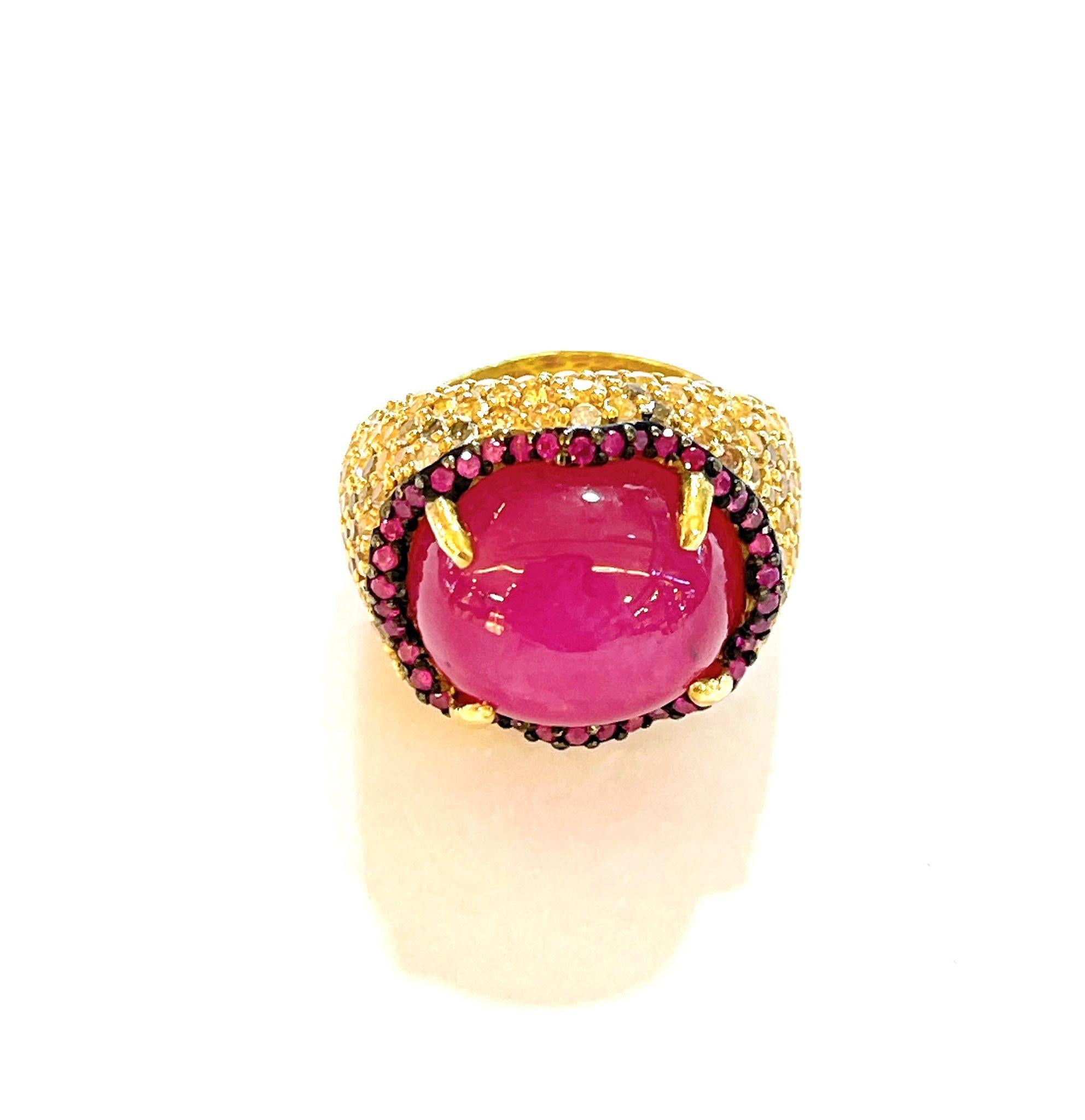 Women's Bochic “Flamenco” Ruby & White Zircon Cocktail Ring 18K Gold & Silver For Sale