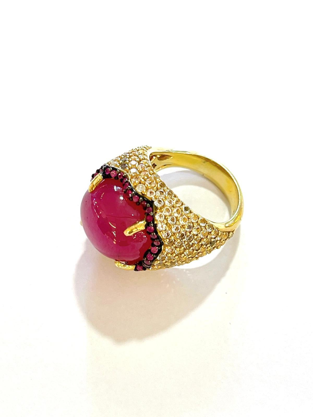 Bochic “Flamenco” Ruby & White Zircon Cocktail Ring 18K Gold & Silver For Sale 2