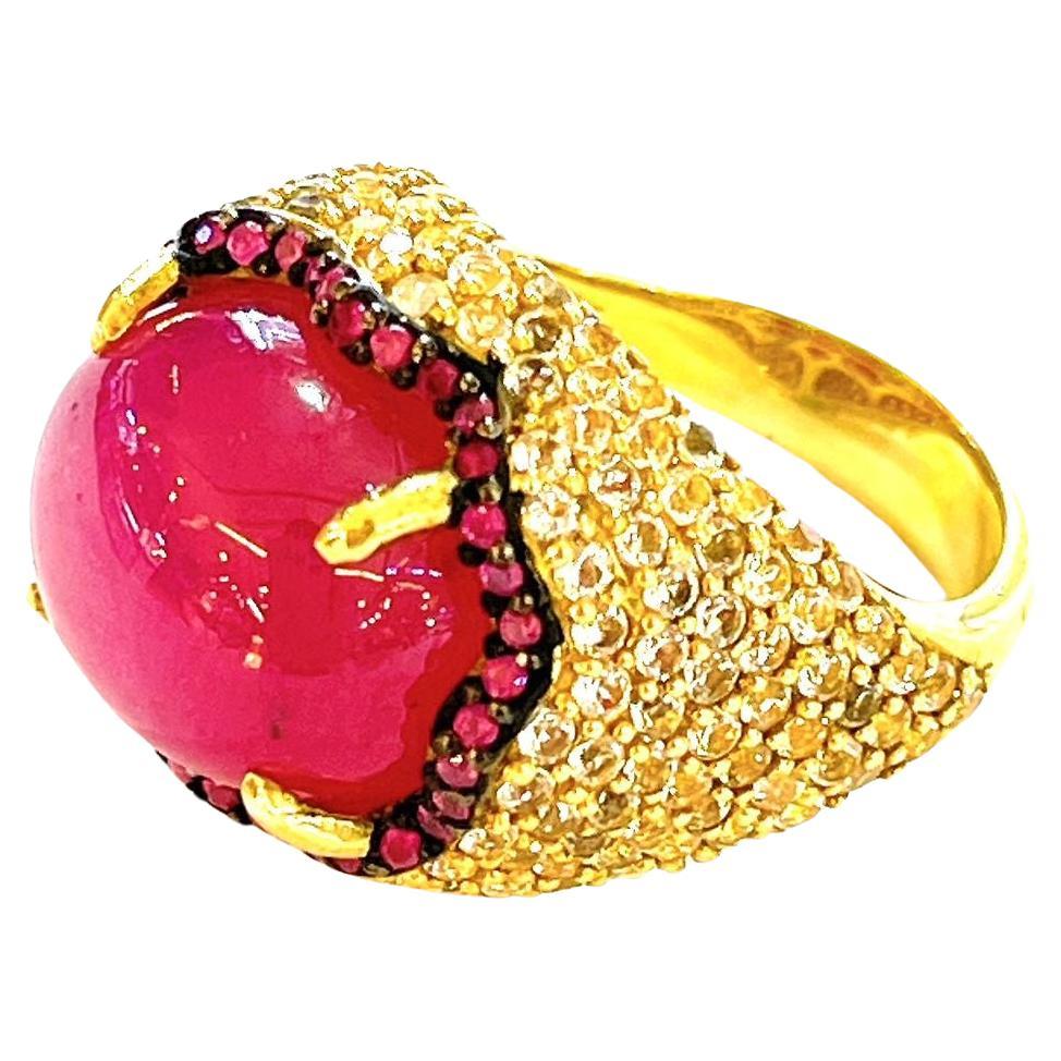 Bochic “Flamenco” Ruby & White Zircon Cocktail Ring 18K Gold & Silver For Sale